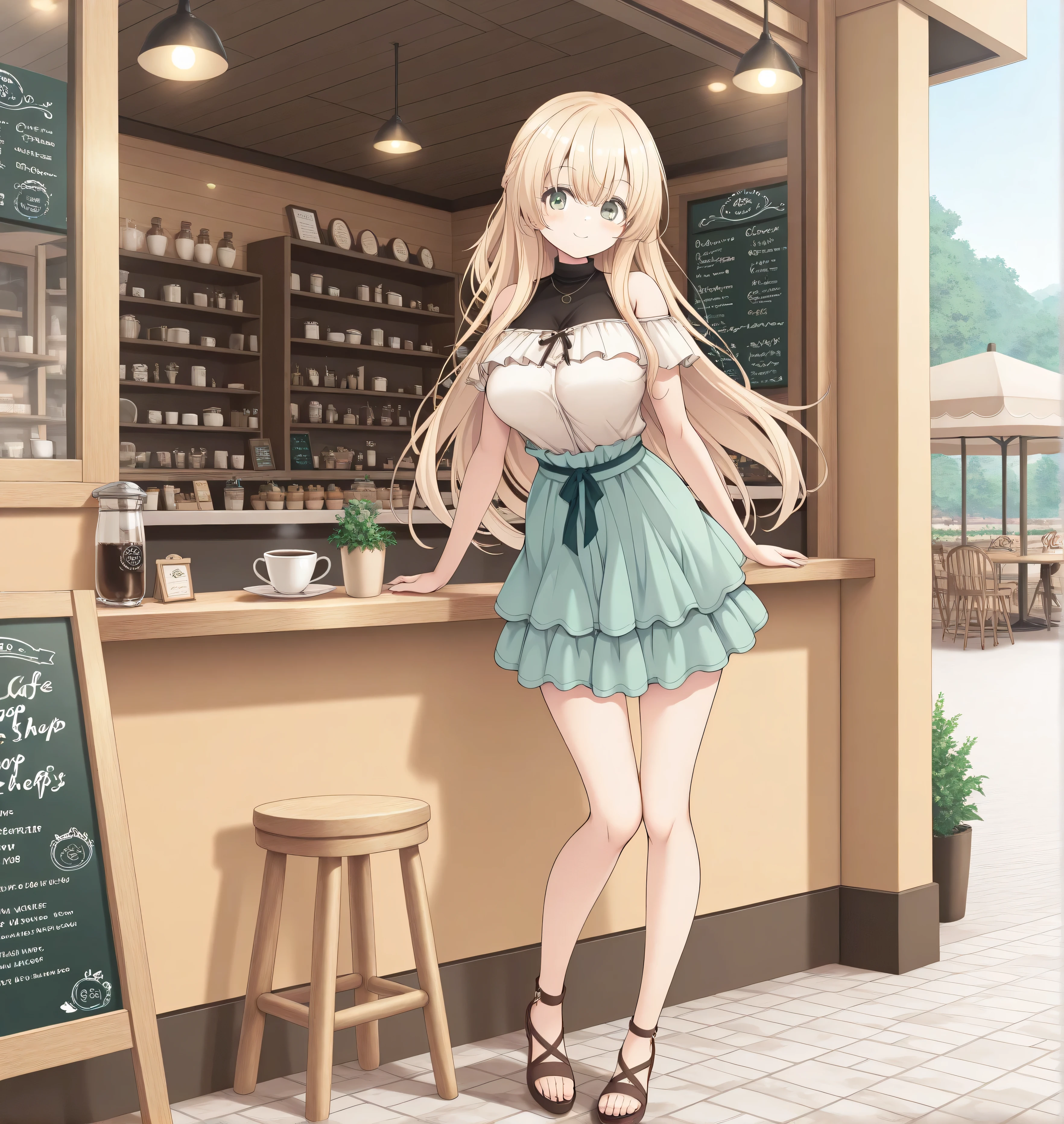 masterpiece, best quality, highres, scenery, newest, 1girl, official style, ren, blonde hair, green eyes, casual shirt, layered skirt, looking at viewer, cute smile, fully shoulders, normal breasts, cute face, cafe shop, full body,