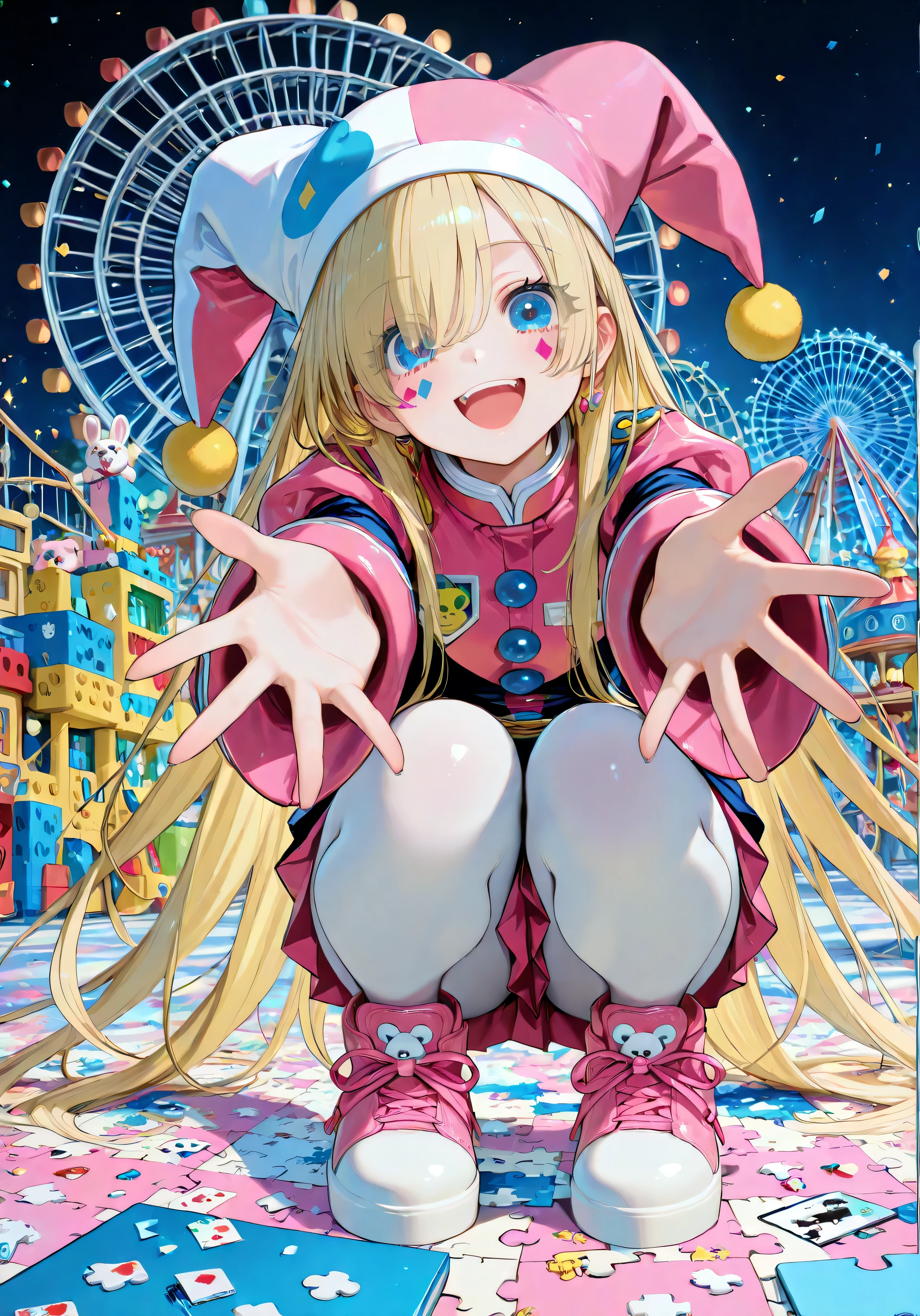 BREAK(a girl, (solo), reaching hands for viewer, squatting, (Palms facing up)),  
BREAK(beautiful palm, beautiful finger), 
BREAK((front view), closed-up face), 
BREAK(look at viewer, round eyes, (long lashes), deepblue eyes, (smiling:1.5), open your mouth), 
BREAK(long hair, blonde hair, (eyes visible through hair)), 
BREAK((wear blue-pink clown uniform:1.2), wear blue-pink clown hat, wear white tights, wear clown shoes), 
BREAK(at Amusement park, A Ferris wheel, Merry-go-round, at night), 
BREAK(background, (bear stuffies), (Rabbit stuffies), (cat stuffies), blocks, cards, coloring book, picture book, lego, dominoes, jigsaw puzzle, marble)