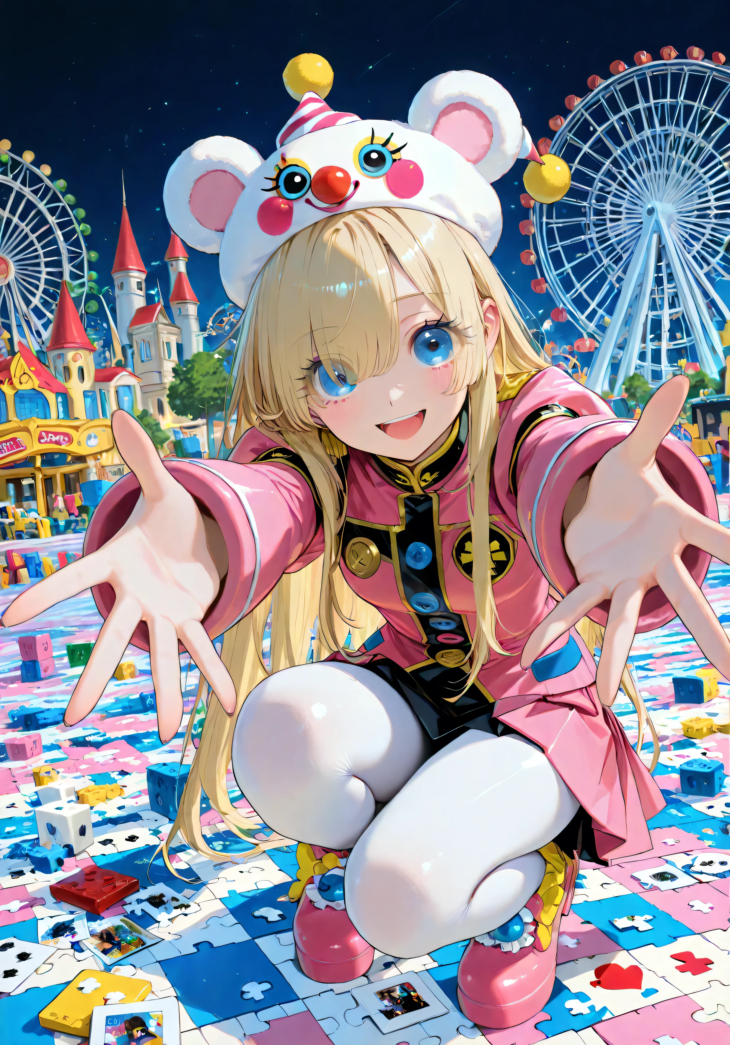 BREAK(a girl, (solo), reaching hands for viewer, squatting, (Palms facing up)),  
BREAK(beautiful palm, beautiful finger), 
BREAK((front view), closed-up face), 
BREAK(look at viewer, round eyes, (long lashes), deepblue eyes, (smile:1.5), open your mouth), 
BREAK(long hair, blonde hair, (eyes visible through hair)), 
BREAK((wear blue-pink clown uniform:1.2), wear blue-pink clown hat, wear white tights, wear clown shoes), 
BREAK(at Amusement park, A Ferris wheel, Merry-go-round, at night), 
BREAK(background, (bear stuffies), (Rabbit stuffies), (cat stuffies), blocks, cards, coloring book, picture book, lego, dominoes, jigsaw puzzle, marble)