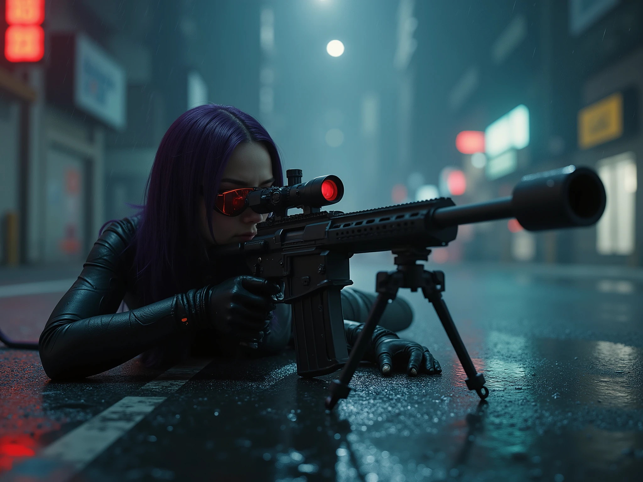 Female Sniper Android Assassin, Midnight 、An urban area with no cars or people under lockdown,I'm wearing beautiful sunglasses that emit red light like a,quietly aiming at a target, (Highest Quality,4K,8k,high resolution,masterpiece:1.2),super detailed,(Realistic,photoRealistic,photo-Realistic:1.37),dramatic lighting, gloomy atmosphere, Dramatic Pose, a very long powerful anti-objective rifle with a scope and stand mounted on the ground, an extremely tight matte black cyberpunk suit, Equipment on the waist belt,Night Vision, Gloved hands, Dark City, Cyberpunk Cityscapes, Moonlit Sky, rain, Dramatic Shadow,beautiful style,Thin Waist,dark purple long hair, Lying on the ground and looking into the scope,specialist,sense of urgency,infrared camera that lets in white smoke,Professional,Motoko Kusanagi,Ghost in the Shell Seems Important