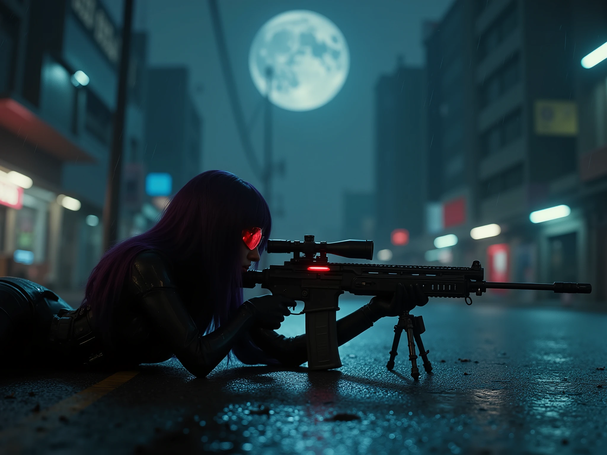 Female Sniper Android Assassin, Midnight 、An urban area with no cars or people under lockdown,I'm wearing beautiful sunglasses that emit red light like a,quietly aiming at a target, (Highest Quality,4K,8k,high resolution,masterpiece:1.2),super detailed,(Realistic,photoRealistic,photo-Realistic:1.37),dramatic lighting, gloomy atmosphere, Dramatic Pose, a very long powerful anti-objective rifle with a scope and stand placed on the ground, an extremely tight matte black cyberpunk suit, Equipment on the waist belt,Night Vision, Gloved hands, Dark City, Cyberpunk Cityscapes, Moonlit Sky, rain, Dramatic Shadow,beautiful style,Thin Waist,dark purple long hair, Lying on the ground and looking into the scope,specialist,sense of urgency,infrared camera that lets in white smoke,Professional,Motoko Kusanagi,Ghost in the Shell Seems Important