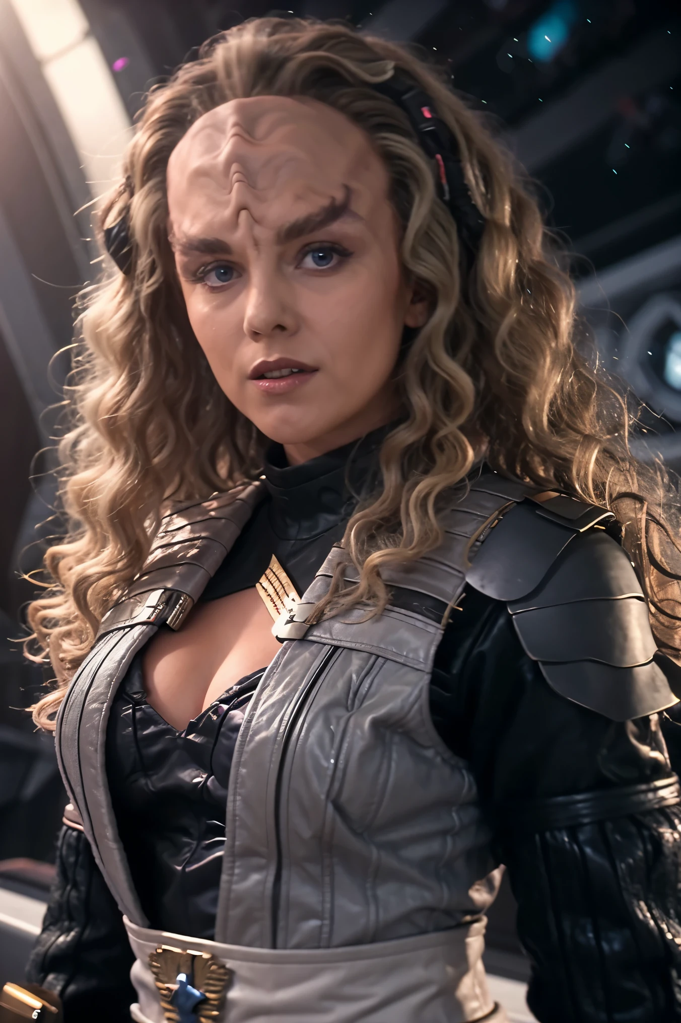 headshot of a klingon woman, kahless forehead ridge, thick eyebrows, dark skin, leather armor, sash, sci-fi starship background, blonde