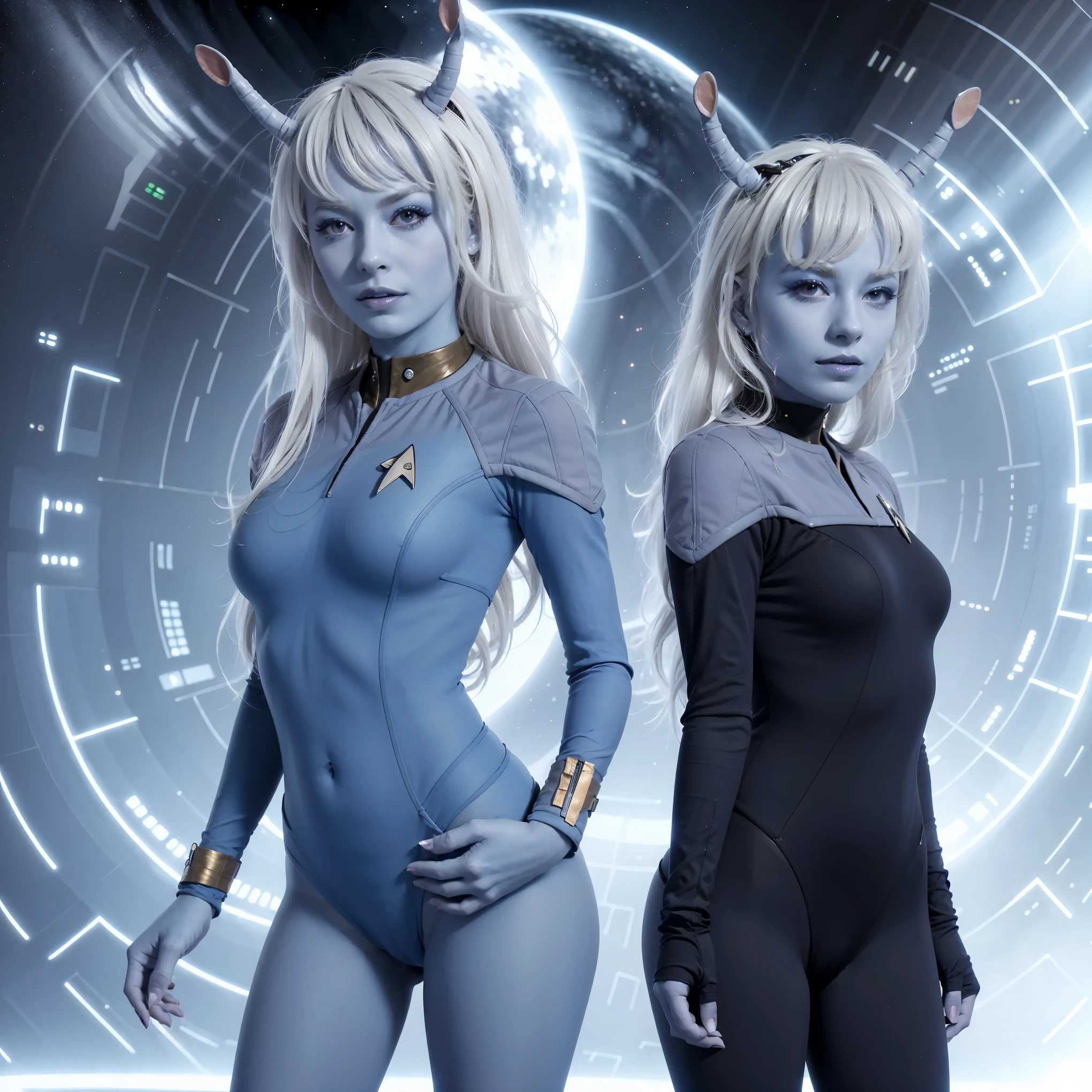 andorian woman, blue skin, white hair, antennae,star trek micro boikini design, sci-fi starship background,