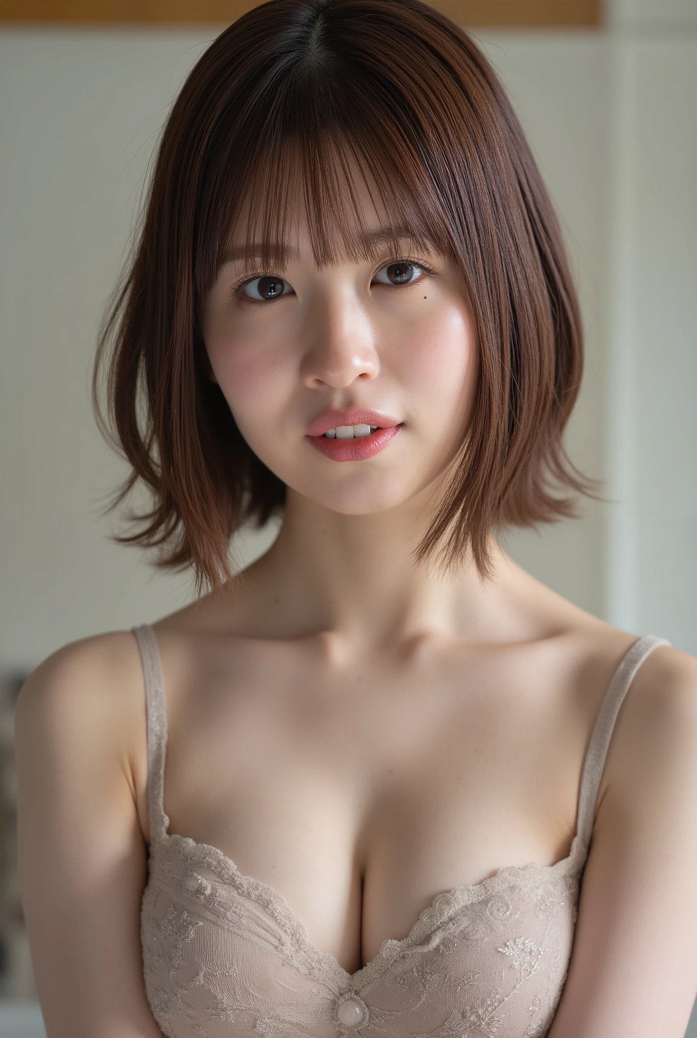(no access),Beautiful 24-year-old Japanese girl,((scrolls,dark brown hair,short bob :1.5)),she has a hot hourglass body shape with and bubble butt,(looking at the camera),black eyes,realistic fine face,Beautiful woman ,,fine face,Masterpiece, Characteristics,Realistic Beautiful High Definition 8k Model,long hair,hourglass body shape,strong body, , puffy