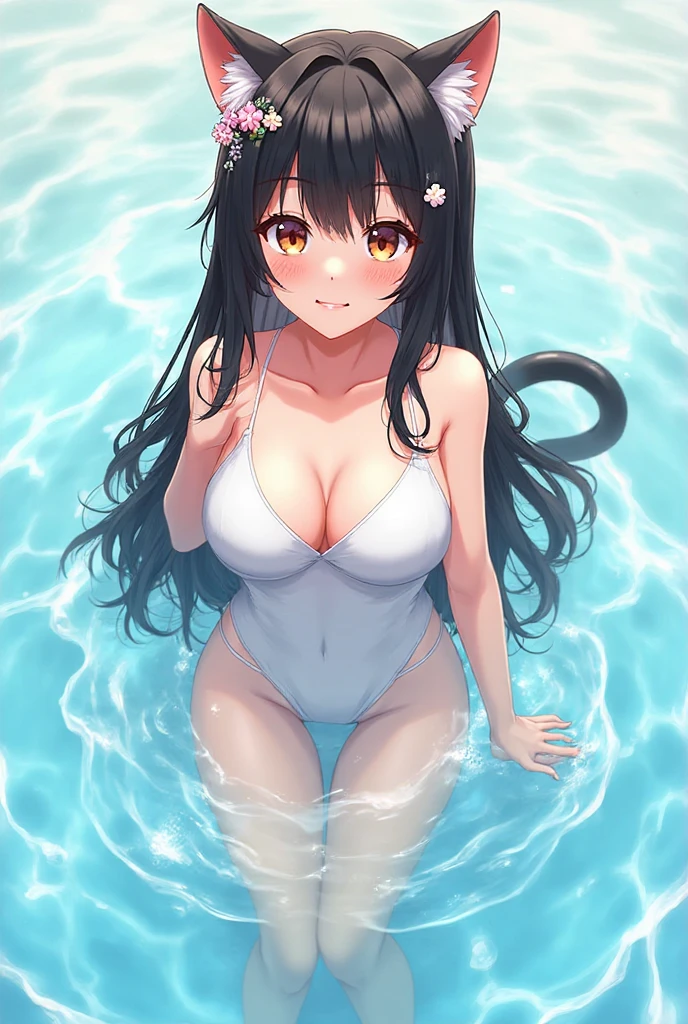 A beautiful woman in the ocean, her eyes closed as she submerges in the water. She is wearing incredible and sensual swimwear, with her long hair spread out in the crystal-clear sea. The gentle sunlight illuminates her body, highlighting its radiance.