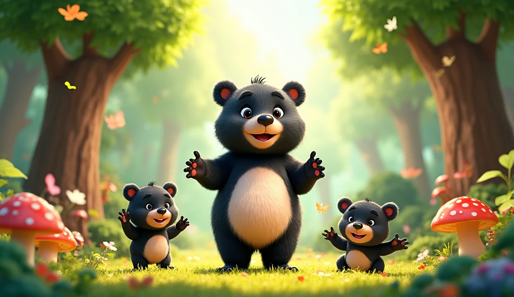 A vibrant 3D animated forest scene featuring a big, friendly black and ...