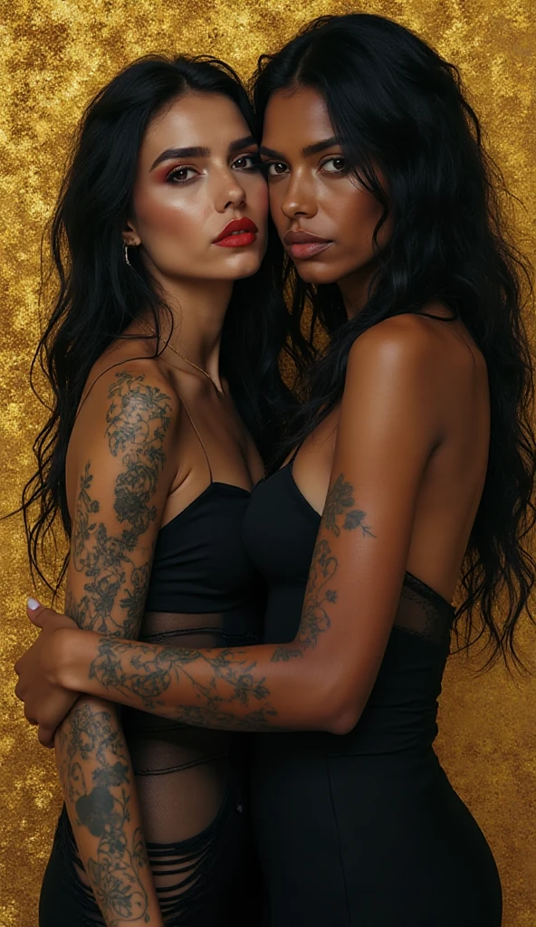 Two russian old  women: the dominant aggressive dark skinned black woman in business pinstripe suit (jacket and trousers), black heeled shoes long ,nails and afro hair, standing up with separated legs and possessive stance showing off her new white girlfriend to the camera (hands on her white girlfriend's neck). Next to her, her white rich drunk girlfriend looks at the camera  (white woman is very pale: pale face, pale neck, pale chest, pale arms, pale hands, pale stomach, pale leg), white woman stretches her neck and looks at the camera  feeling overwhelmed by her girlfriend. white woman leans on her girlfriend , feeling needy.  white woman is being seduced. White woman stands up with separated legs, White woman"s body is twisted and unstable, the hands of white woman are on her belt. White woman dresses in  rock chic style: Black studded leather  with white seams, platinum blonde hair (pouf, top bun, wide colourful bandana as headband) and oversized square sunglasses as headband. Big lips with no makeup. White woman wears Black studded leather  and has big breasts. Barefoot.. Lots of thick wide studded bracelets in the wrists of the white woman, big pearl necklaces around the neck of the white woman, and big rings, Pearl earrings. Wide loose studded belt with big solid buckle. Loose chains and studded belts around the hips of the white woman. White woman is lazy, leaning on her girlfriend.. The white woman is densely tattooed on neck, tattoed chest, tattoed arms, tattoed stomach, tattoed legs, wrists and feet. White woman has well Toned abdominals, thin neck, slim legs and thin arms. White woman has Narrow hips and noticeable tigh gap. The body of the white woman is twisted in a lazy posture. Full body. On a narrow street with graffitied walls 