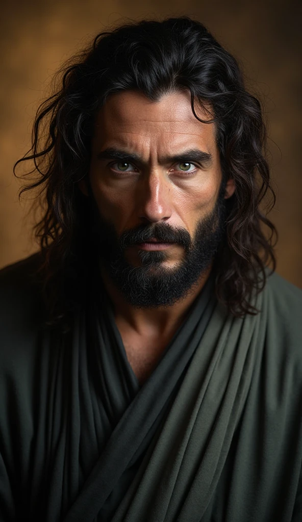 An intense portrait of a man with long, tousled hair and a dark beard ...