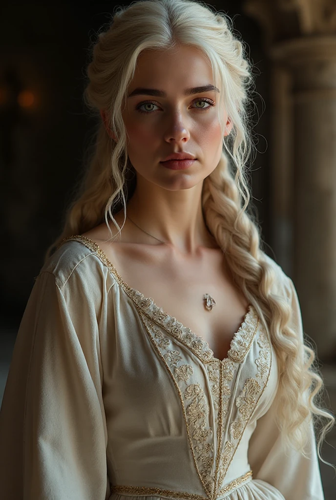 White Blonde hair, fluffy hair, stylish hair, long hair, lilac eyes, perfect eyes, beautiful, perfect face, tween, , short, kind, curvy, a flowing pale airy gown with ruffles along the bottom with tiny pink flowers and gold dragon embroideries with flowers, Her tiara had a pretty teal gemstones, silver necklace, noble class, royal, royalty, red castle, feasting hall, medieval, elegant surroundings, soft dewy makeup look, light peach blush, soft tan eyeshadow, light coral lipstick, cutesy, girlish, girly, guileless, ingénue, princess , whimsical lighting, Targaryen, dragons in the sky, photorealistic
