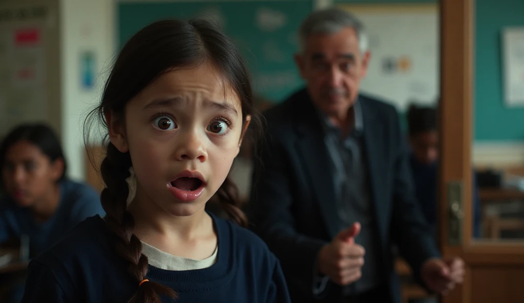 A girl with blue eyes and black hair wearing a white shirt and a red skirt with pantyhose underneath, crying after being hit by a boy 