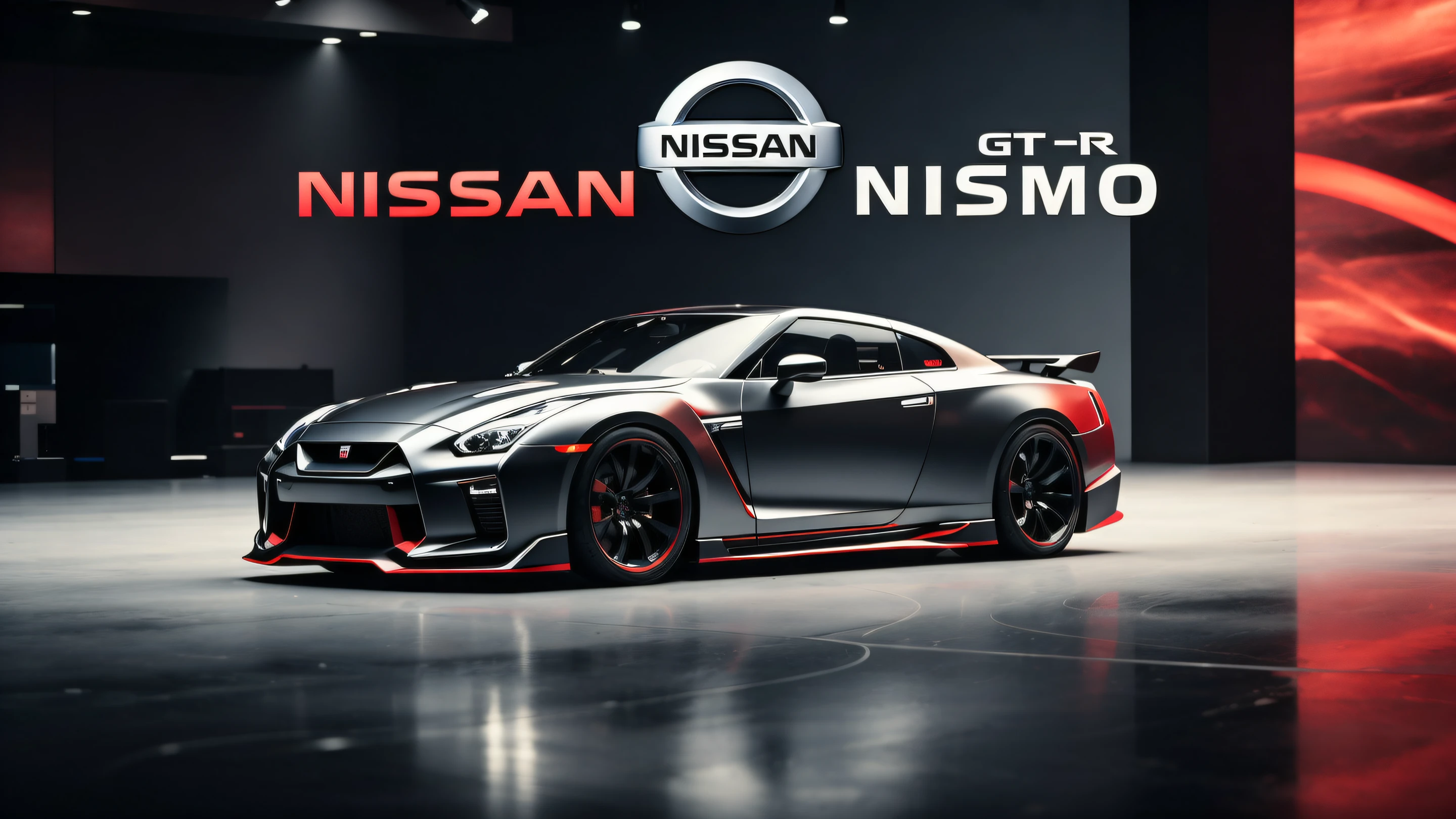 LARGE TAGLINE: NISSAN GT-R NISMO
(((Nissan GT-R emblem top center)))
Artful conceptual technical rendering of the Nissan GT-R NISMO. Aggressive low-slung body with detailed side and front-quarter view. Sleek front fascia with razor-sharp LED headlights. Stylized airflow lines trace over hood and side skirts for added motion. Designed for an automotive concept exhibit or high-end showroom reveal.
Style Parameters:
cinematic light + hyperreal concept
color tone: gunmetal gray, carbon black, electric red accents
aspect ratio: 16:9
camera: ultra-low angle with front-quarter sweep perspective
Additional cinematic styling:
cinematic shot, dynamic lighting, 75mm lens, Technicolor, Panavision, cinemascope, sharp focus, 8k resolution, HDR realism, deep shadows, crisp highlights, key visual, film still, cinematic color grading, motion blur, depth of field
@Batamb