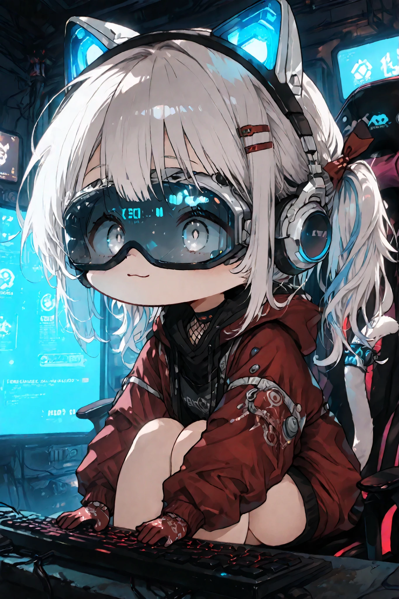 Chibi Characters、Futuristic VR Headsets、Large visor goggles、 futuristic headphones 、反射サングラvinegar、Holographic Effect、ガラvinegarの質感、Transparent material、Hi-Tech Accessory,Highest Quality, masterpiece, cartoon style production, アニメvinegarタイル 、anatomically accurate、dynamic pose、Inner Dress、、Super Detailed,high resolution,vinegarレンダー,high quality、,vinegarコア_9、vinegarコア_8_up、vinegarコア_7_up、Highest Quality、  one girl hiding in a hole（ 10-year-old hacker with a provocative smile、sitting in a gaming chair、Suspended legs、hoodie、twin tails、Mesh Hair、vinegar、 Surrounded by high-tech devices, including computers 、Hands on keyboard、   Silver Hair、VR goggles、Neon blue highlights、grey eyes 、 red hairpin、, Cat tail data cable,thimble gloves  、cat ear headphones、Doya face）、Code display、digital art、high resolution、precise down to the smallest detail、鮮やかなコントラvinegarト、現代的な雰囲気複数のホログラムディvinegarプレイが光るメカニカルキーボード, ,Cyber Effects、Electronic light、 Cyberpunk Aesthetics,  フローティングデータvinegarクリーン, Blue Light Floating in the Dark,   digital hacker   ,In front of the monitor、blue light on computer screen with hands on keyboard、dark room、サイバーパンクvinegarタイル