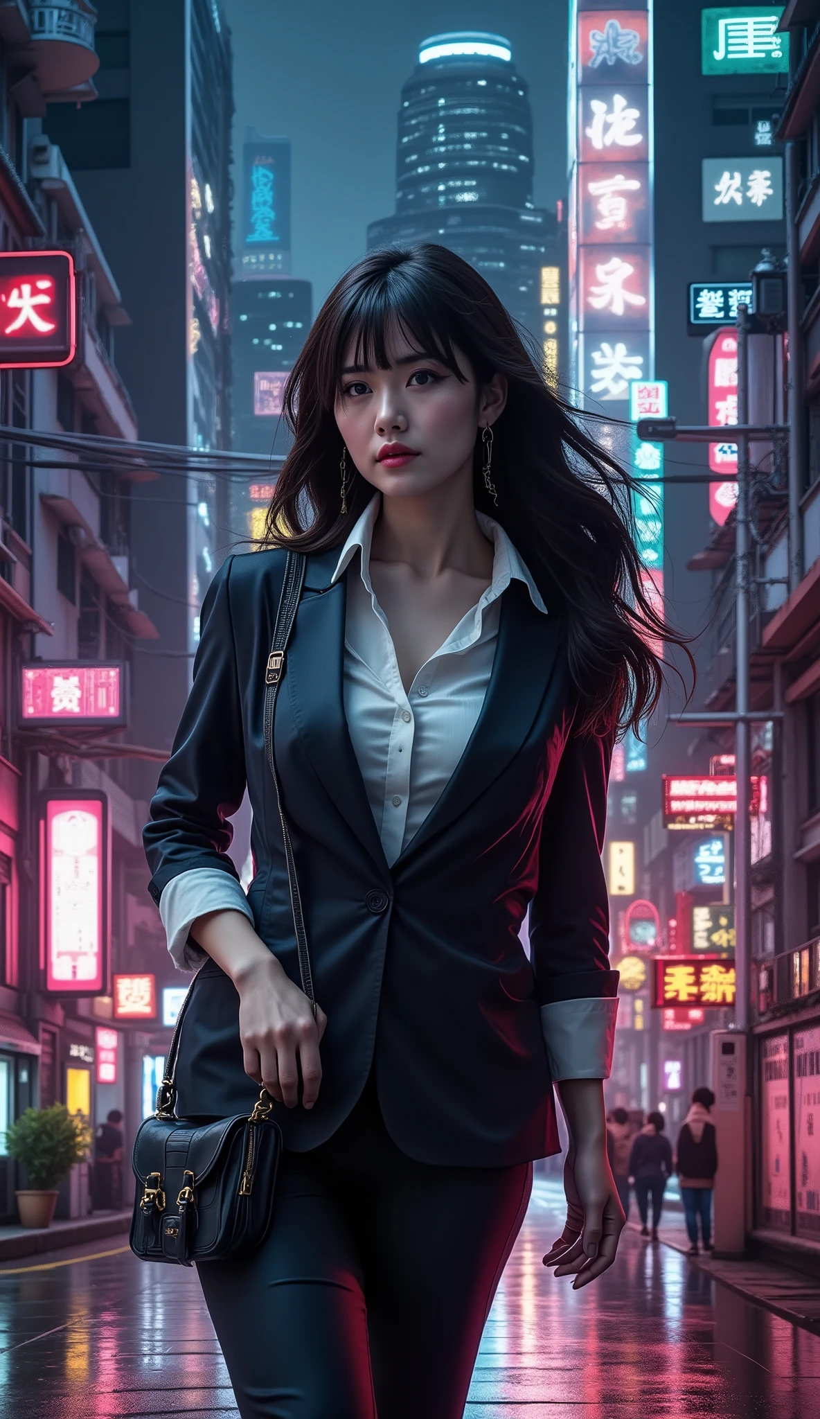 ( 32K High Resolution, Highest Quality, masterpiece, ultra high res), Details on all aspects, mysterious:1.5, perfect dynamic configuration, Highly detailed skin and face textures, Professional high angle camera work:1.3, Ultra High Accuracy, ((Night view of a futuristic city seen from the sky:1.5, Skyscrapers:1.3, Vibrant Street:1.3, mixing various neon lights on her way home from work:1.3)), Cutting edge, wonderful, tradition, majestic, training, Big L Cup Boobs, Waist 55cm , 92 cm butt, romantic, Artistic, mysterious, Object of praise, original, Dramatic, Innovative, charm, Heartful, gorgeous, sense of loss, Special, exciting, Extreme, Mysterious Symmetry, A huge female office worker is, business bag, small face, sexy face