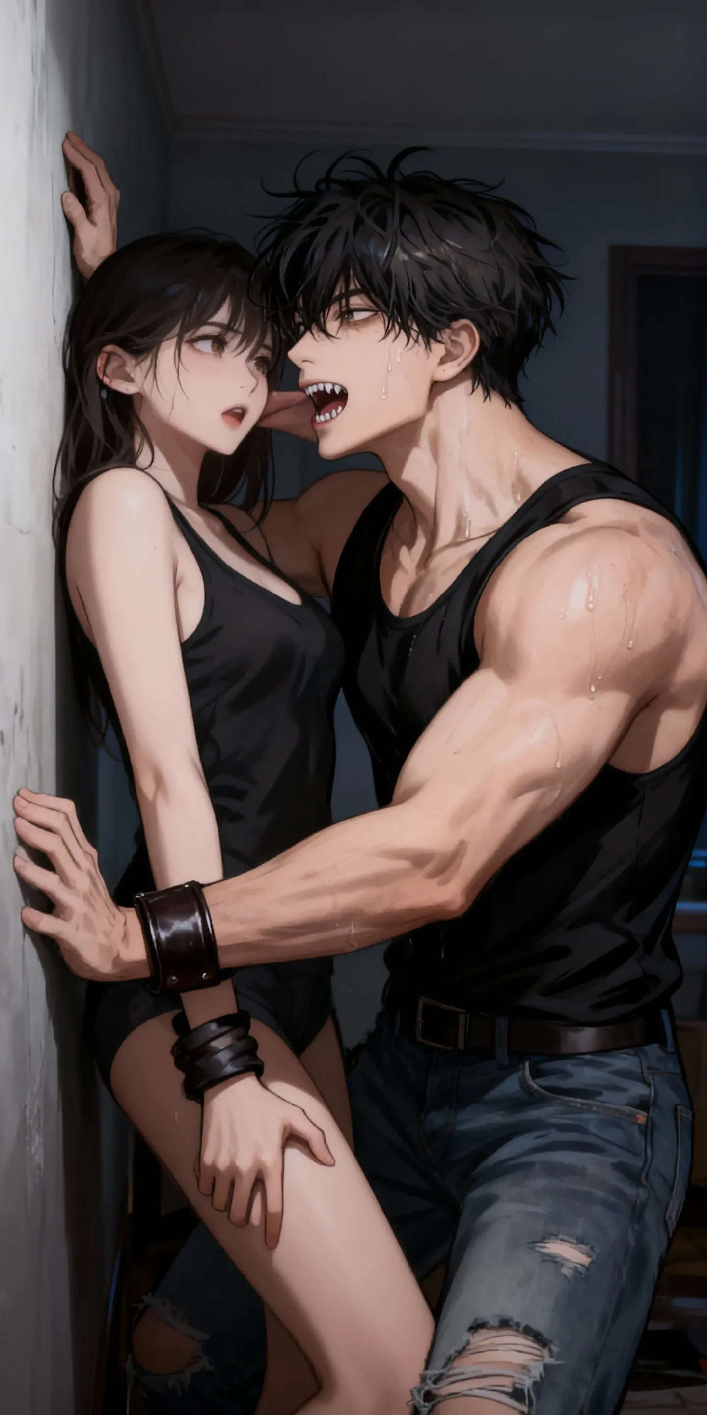 A young, cute, bloody, bruised, sweaty Japanese female street fighter and a male fighter in a back alley fighting each other. She is cornered . Her belly is beated so hard by him. She has short-cut black hair. She is crying. Both eyes closed. Short of breath. Drooling from the mouth. Denim shorts. Open finger gloves.  .