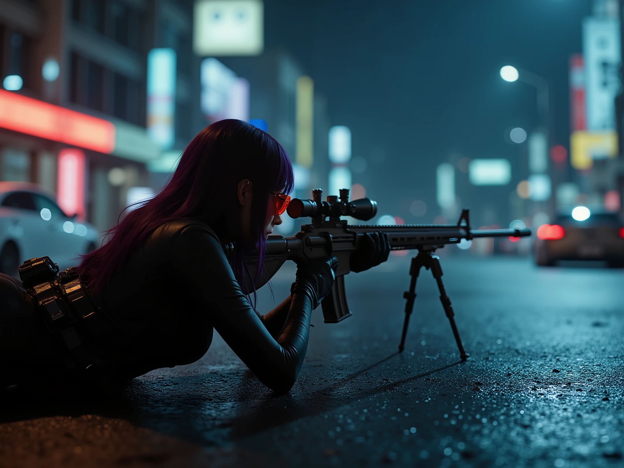 Female Sniper Android Assassin, Midnight 、An urban area with no cars or people under lockdown,I'm wearing beautiful sunglasses that emit red light like a,quietly aiming at a target, (Highest Quality,4K,8k,high resolution,masterpiece:1.2),super detailed,(Realistic,photoRealistic,photo-Realistic:1.37),dramatic lighting, gloomy atmosphere, Dramatic Pose, a very long powerful anti-objective rifle with a scope and stand mounted on the ground, extremely tight matte black cyberpunk suit, Equipment on the waist belt,Night Vision, Gloved hands, Dark City, Cyberpunk Cityscapes, Moonlit Sky, rain, Dramatic Shadow,beautiful style,Thin Waist,dark purple long hair, Lying on the ground and looking into the scope,specialist,sense of urgency,Beautifully shaped sunglasses that glow red,Professional,Motoko Kusanagi,