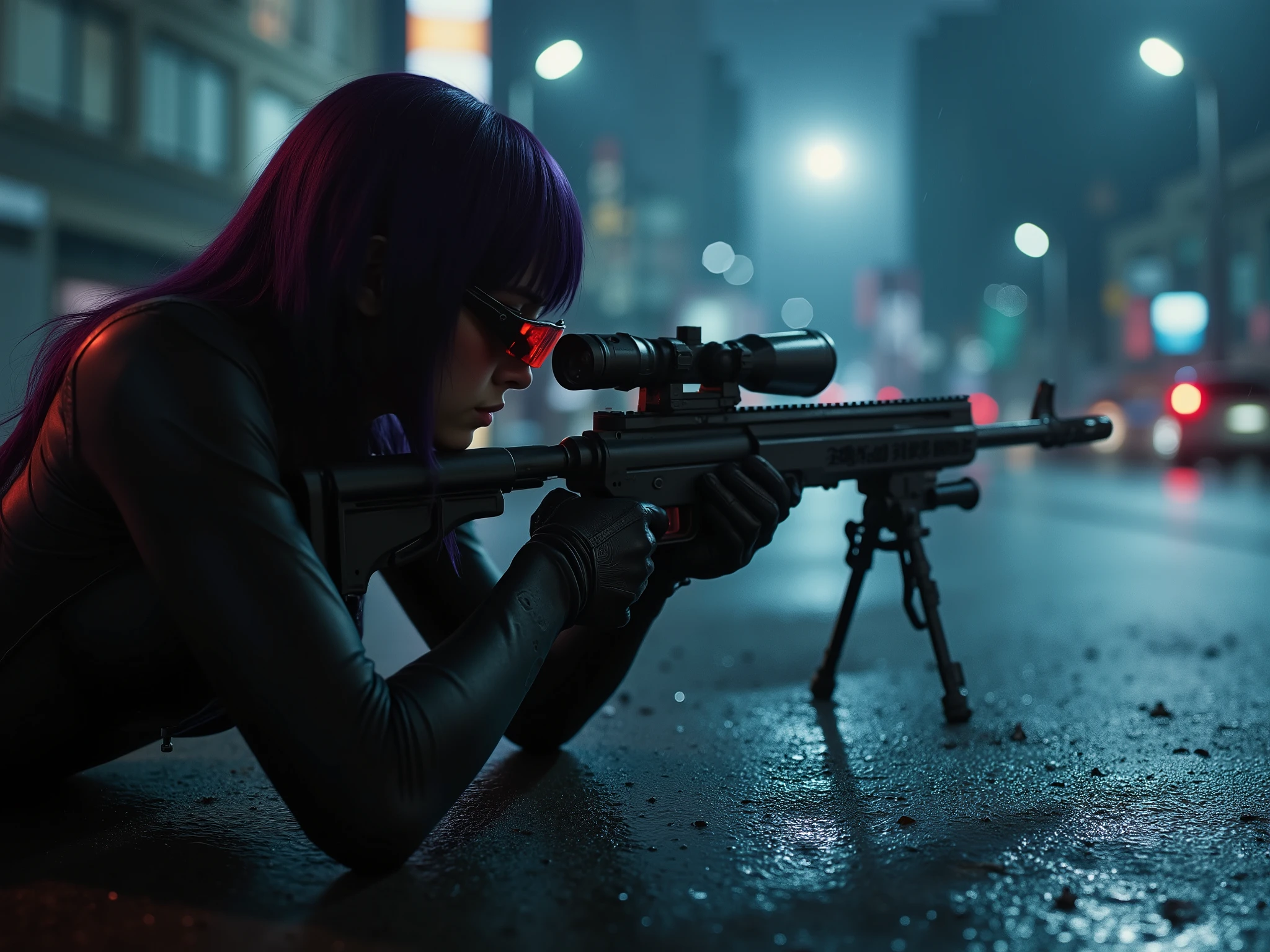 Female Sniper Android Assassin, Midnight 、An urban area with no cars or people under lockdown,I'm wearing beautiful sunglasses that emit red light like a,quietly aiming at a target, (Highest Quality,4K,8k,high resolution,masterpiece:1.2),super detailed,(Realistic,photoRealistic,photo-Realistic:1.37),dramatic lighting, gloomy atmosphere, Dramatic Pose, very long powerful anti-objective rifle with scope and stand set on the ground, extremely tight matte black cyberpunk suit, Equipment on the waist belt,Night Vision, Gloved hands, Dark City, Cyberpunk Cityscapes, Moonlit Sky, rain, Dramatic Shadow,beautiful style,Thin Waist,dark purple long hair, Lying on the ground and looking into the scope,specialist,sense of urgency,Beautifully shaped sunglasses that glow red,Professional,Motoko Kusanagi,