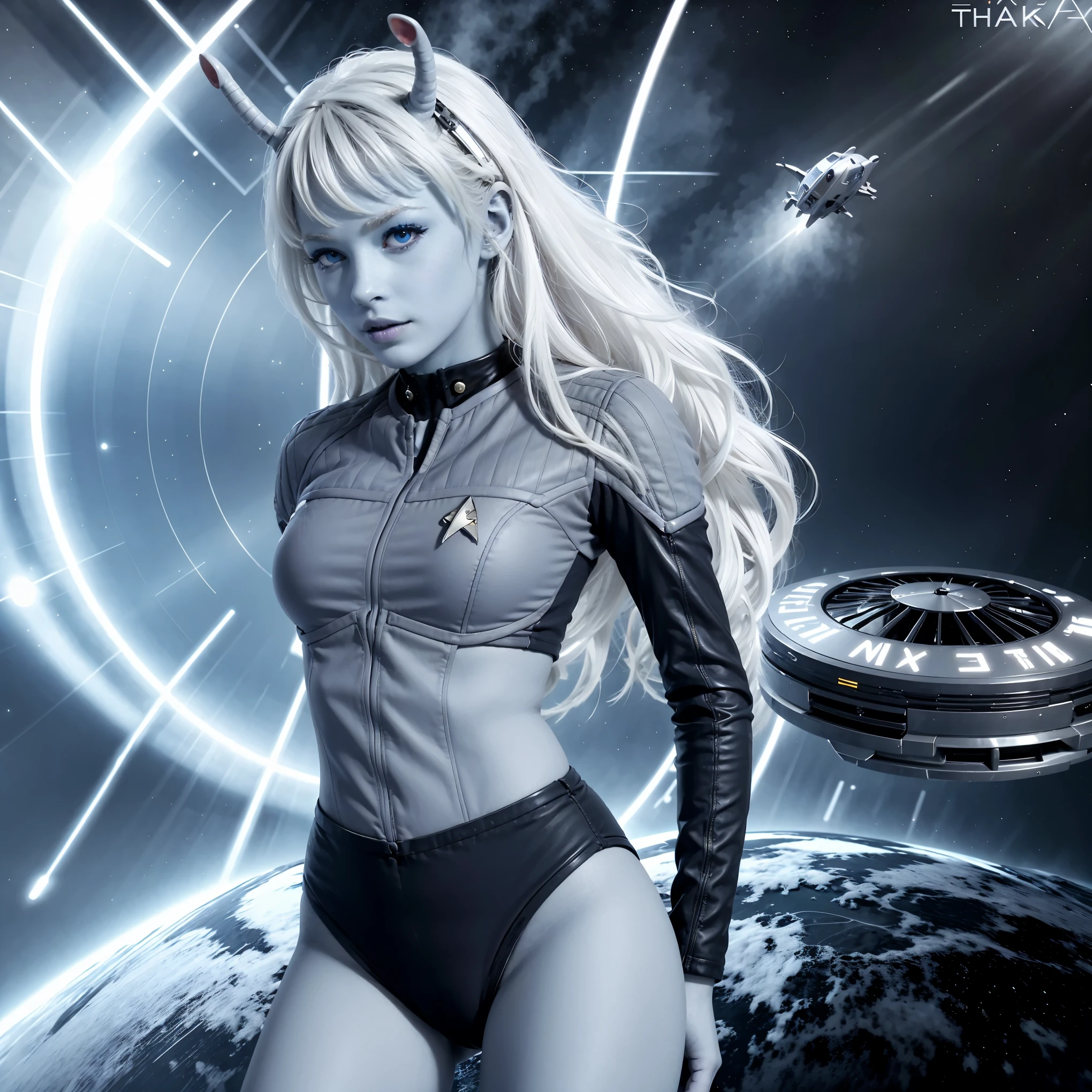 andorian woman, blue skin, white hair, antennae,star trek micro boikini design, sci-fi starship background,
