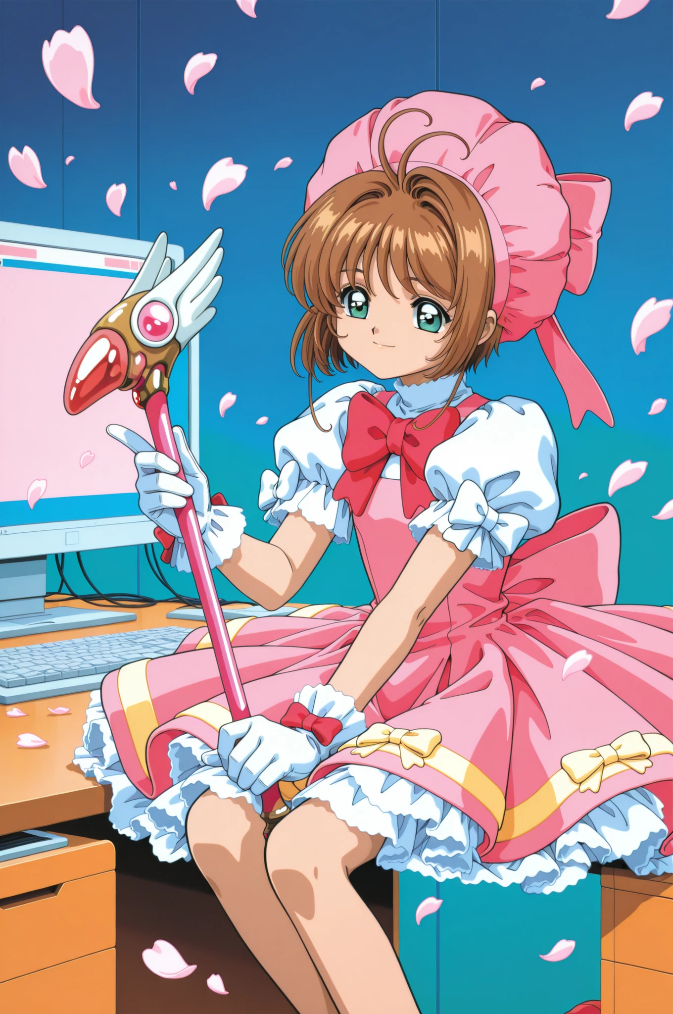 Anime Style,1girl,kinomoto sakura,solo,gloves,brown hair,hat,white gloves,dress,magical girl,green eyes,fuuin no tsue,wand,1990s (style),short hair,bow,petals,short sleeves,retro artstyle, pink headwear,smile,antenna hair,holding,puffy sleeves, sitting at a computer desk, using computer in an office
