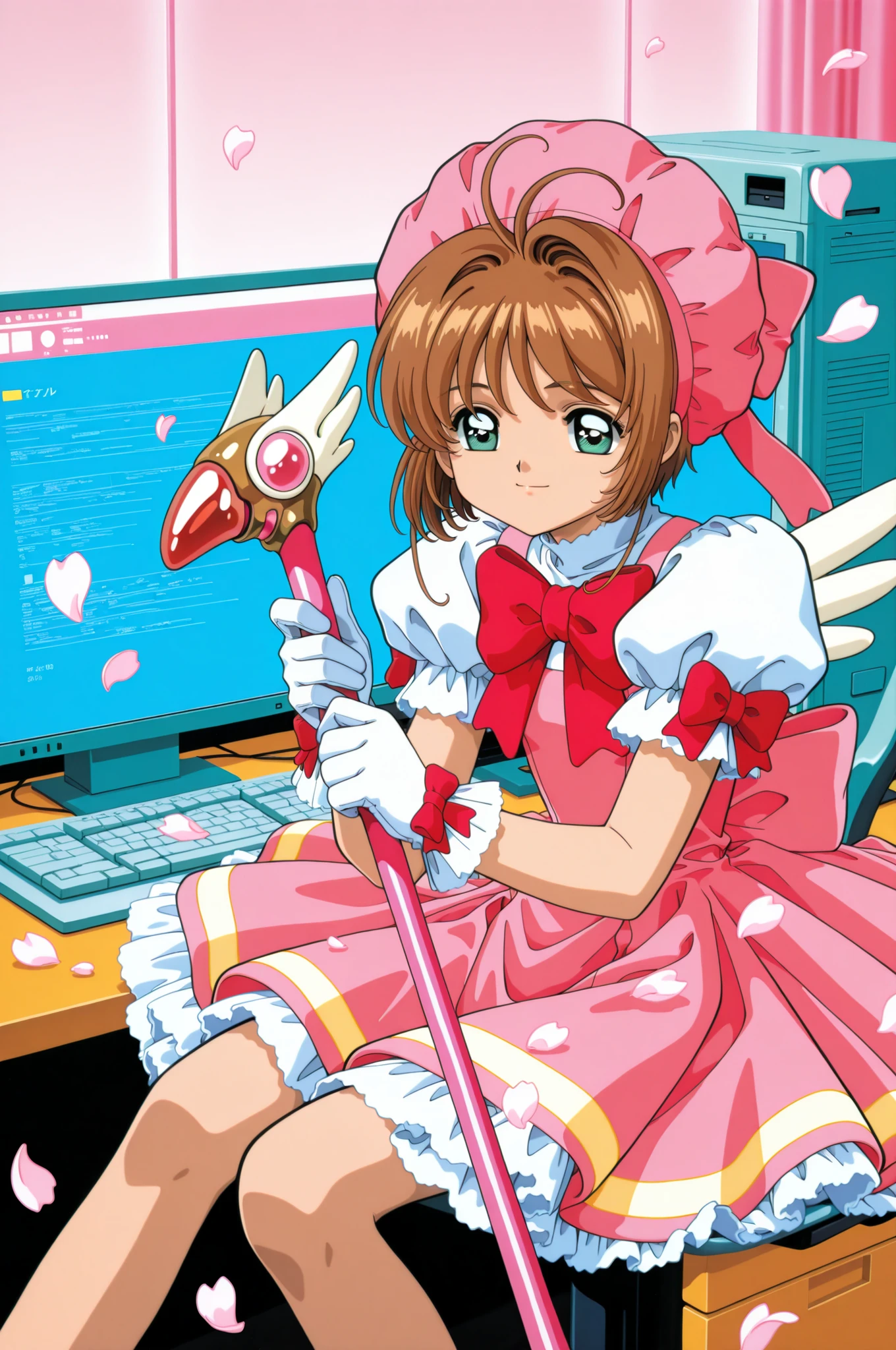 Anime Style,1girl,kinomoto sakura,solo,gloves,brown hair,hat,white gloves,dress,magical girl,green eyes,fuuin no tsue,wand,1990s (style),short hair,bow,petals,short sleeves,retro artstyle, pink headwear,smile,antenna hair,holding,puffy sleeves, sitting at a computer desk, using computer in an office
