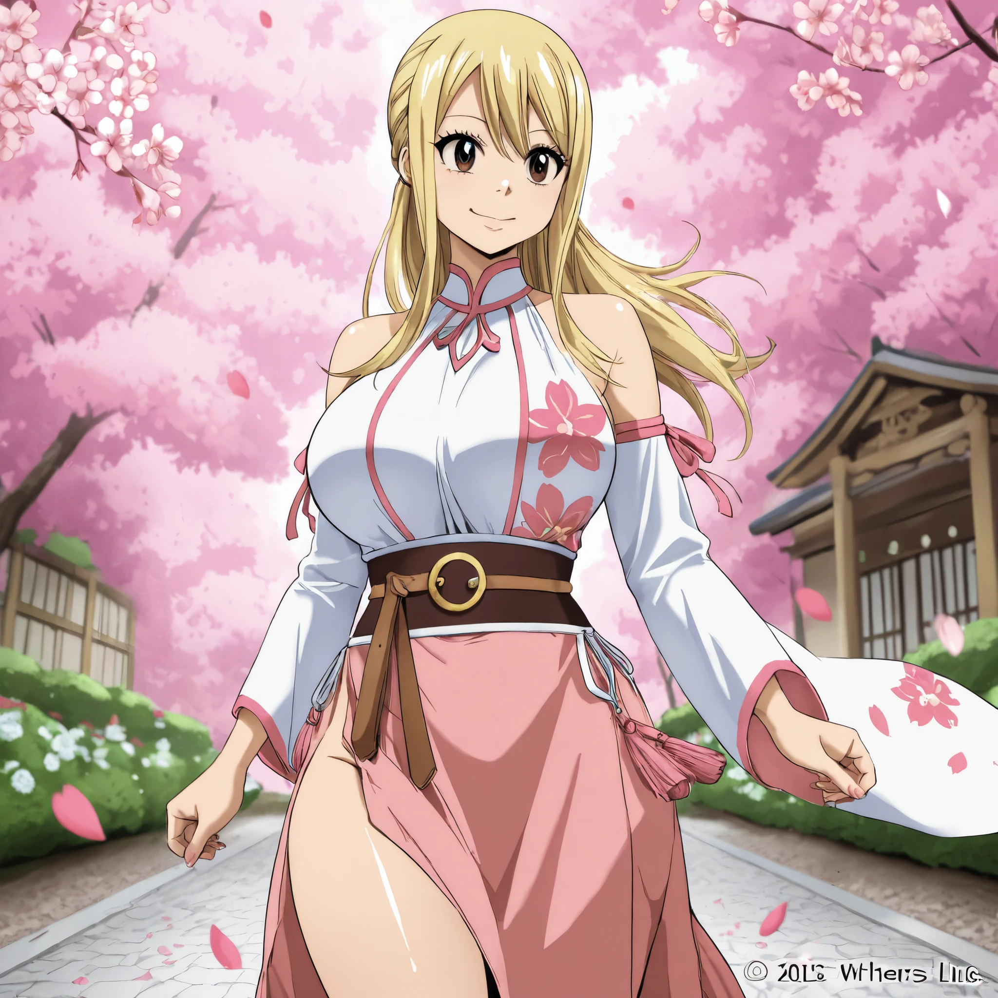 Lucy Heartfilia, 20, cheerful and energetic, with long, loose hair, a smooth and shiny blonde color. Beautiful bright brown eyes . curvy figure medium to large breasts, , she wears priestess attire white on the top and red on the bottom with a belt with a floral design.. She walks through a Japanese garden with cherry petals falling.