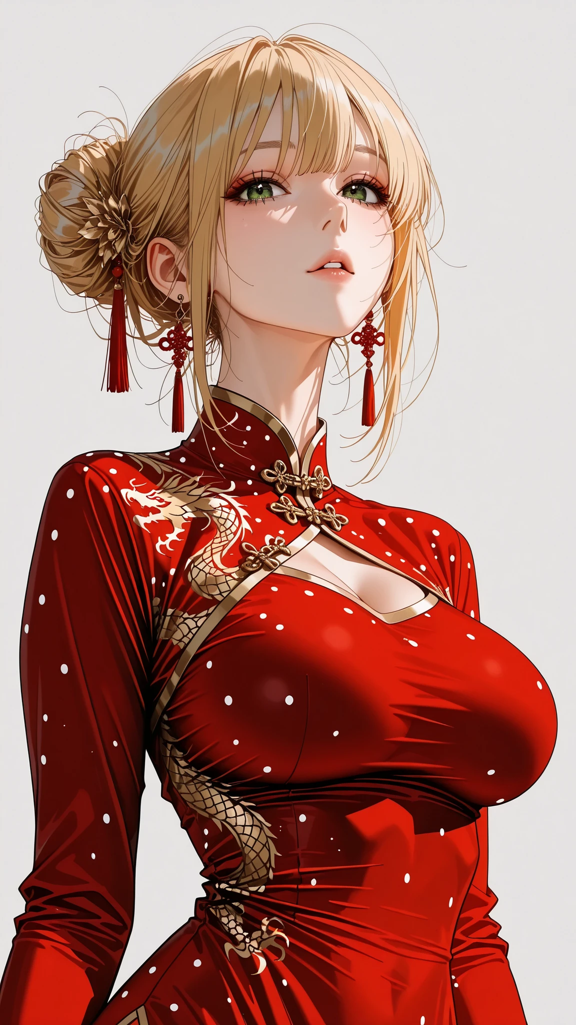 the golden ratio, proper composition,Beautiful illustration, (masterpiece, detailed:1.2), Maorix,score_9, score_8_above, score_7_above, score_6_above, score_5_above, 1girl, huge boobs,  Chinese red dress with dragon print,  five anatomically correct fingers, polka dot under the mouth, close-above, blond hair,  hair bun , saboveer quality, 8K, saboveer quality, beautiful Japanese woman,  teenager, 表情のclose-above, detailed eyes, careful brown iris, transparent green eyes, high resolution, Beautiful Japanese woman with big standing breasts, anatomically correct proportion :1.331,   small head  :1.331, upper body angle, detailed skin, detailed face, dynamic pose, The viewer looks above at her, gray background, 
