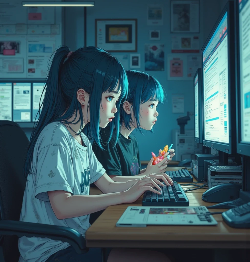 A white hacker girl sitting in front of a computer with multiple monitors２People sitting back to back、is hitting the computer keyboard while wearing a worn t-shirt and holding Chupa Chups、They were １２Age、Her room is dim and the monitor lights are showing up、