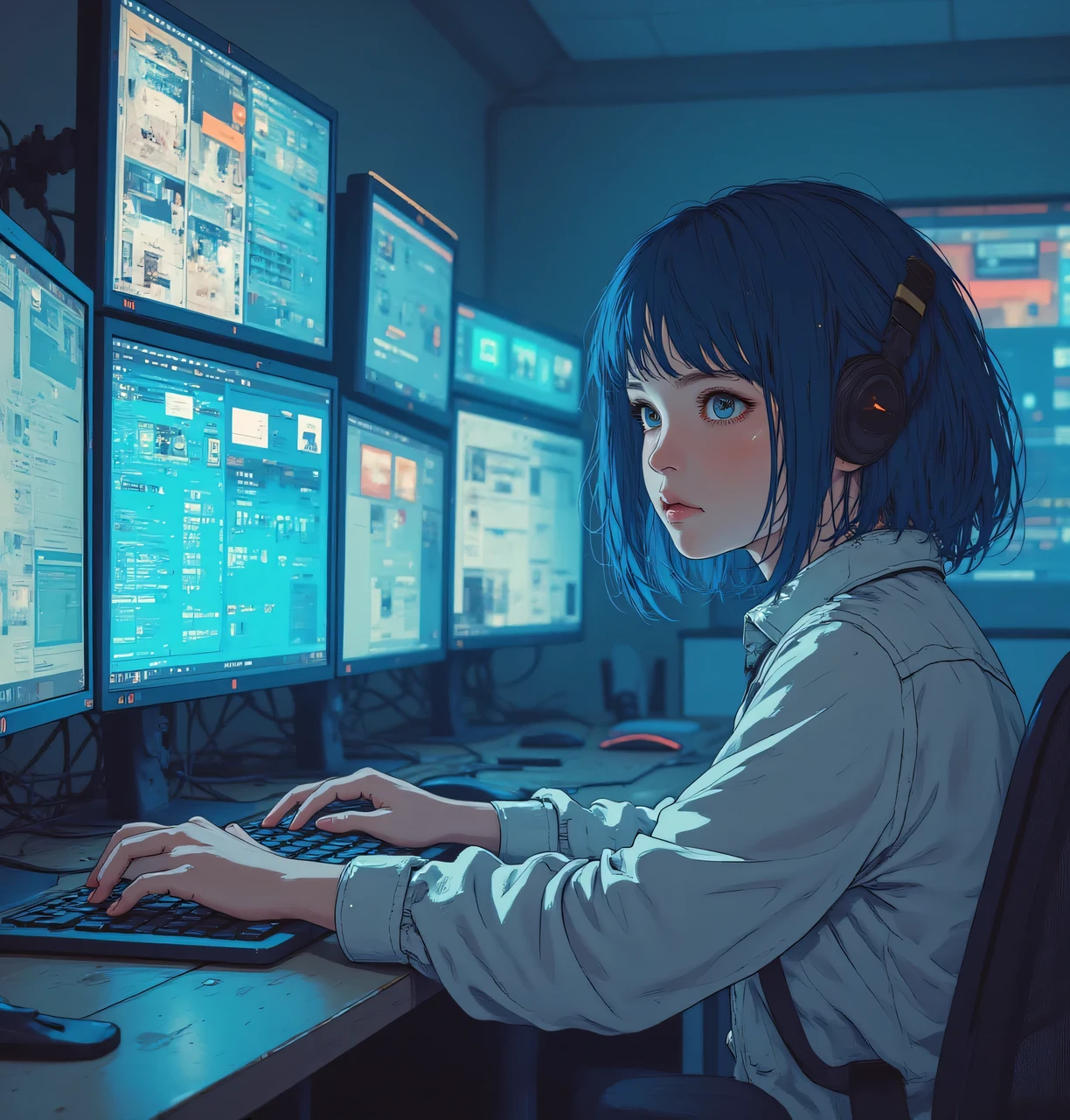 A white hacker girl sitting in front of a computer with multiple monitors２people、 she says くたびれたTシャツを着てチュッパチャプスを咥えたままパソコンのキーボードを打っている、 she says １２Age、Her room is dim and the monitor lights are showing up、