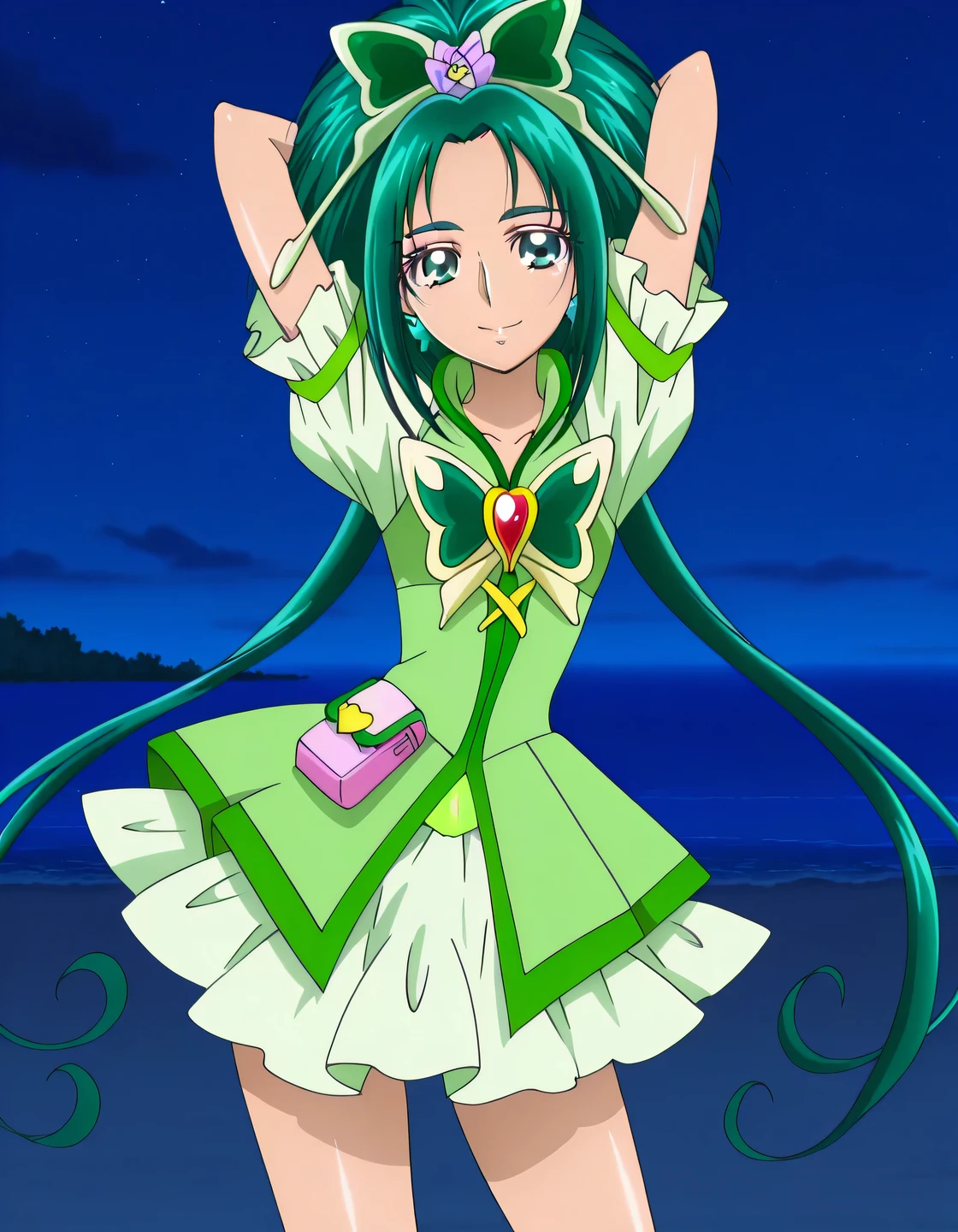 Cure Mint, green_eyes, green hair, short_hair, low twintails, hair_ornaments, earrings, ,green precure costumes, small_breasts, anime screencap, high quality, solo, shiny skin, nighttime, beach, arms behind head, (contrapposto), closed mouth, smile, cowboy shot, looking at viewer,