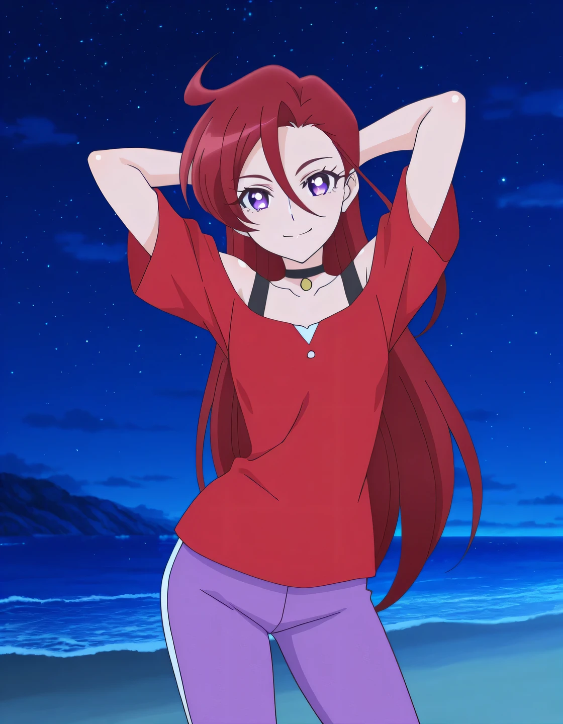 Asuka, red hair, long_hair, ahoge, violet eyes, hair between eyes, red shirt, purple pants, capri pants, black choker, off shoulder, small_breasts, anime screencap, high quality, solo, shiny skin, night sky, beach, arms behind head, (contrapposto), closed mouth, smile, cowboy shot, looking at viewer, best quality