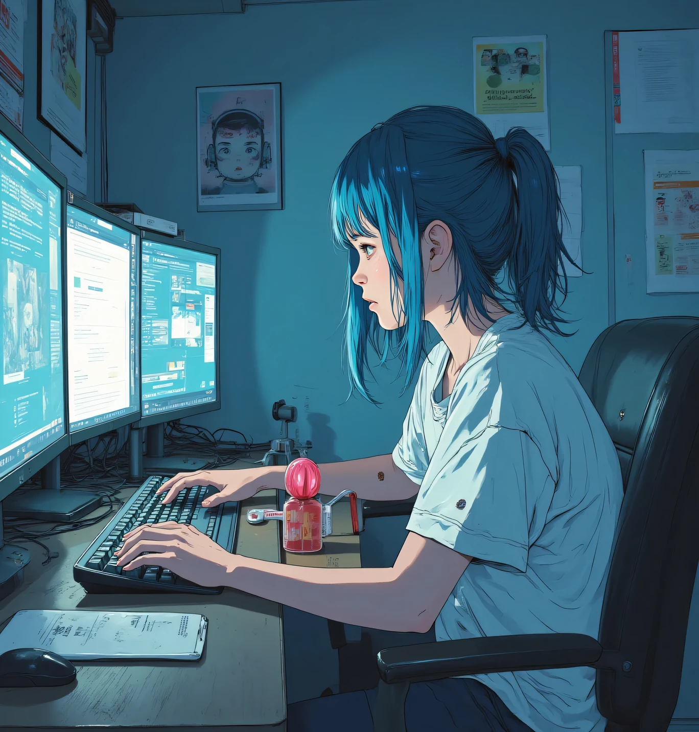 A white hacker girl sitting in front of a computer with multiple monitors2People sitting back to back、is hitting the computer keyboard while wearing a worn t-shirt and holding Chupa Chups、They were 12Age、Her room is dim and the monitor lights are showing up、