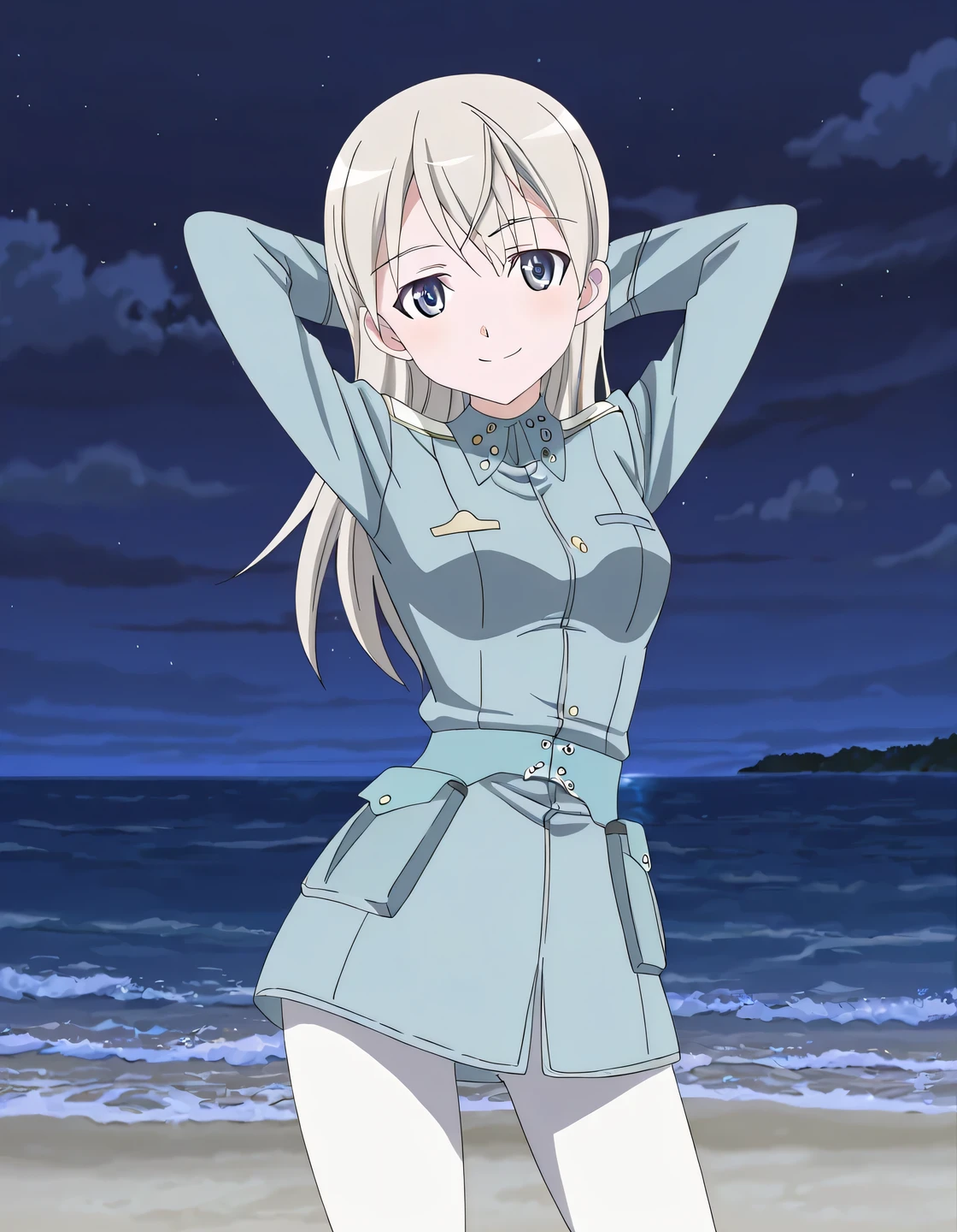 elila, default, 1girl, blue eyes, silver hair, long hair, uniform, military uniform, blue jacket, military jacket, white pantyhose, blue belt, anime screencap, high quality, solo, cowboy shot, (contrapposto), hands behind head, closed mouth, night sky, beach, looking at viewer, smile, best quality,