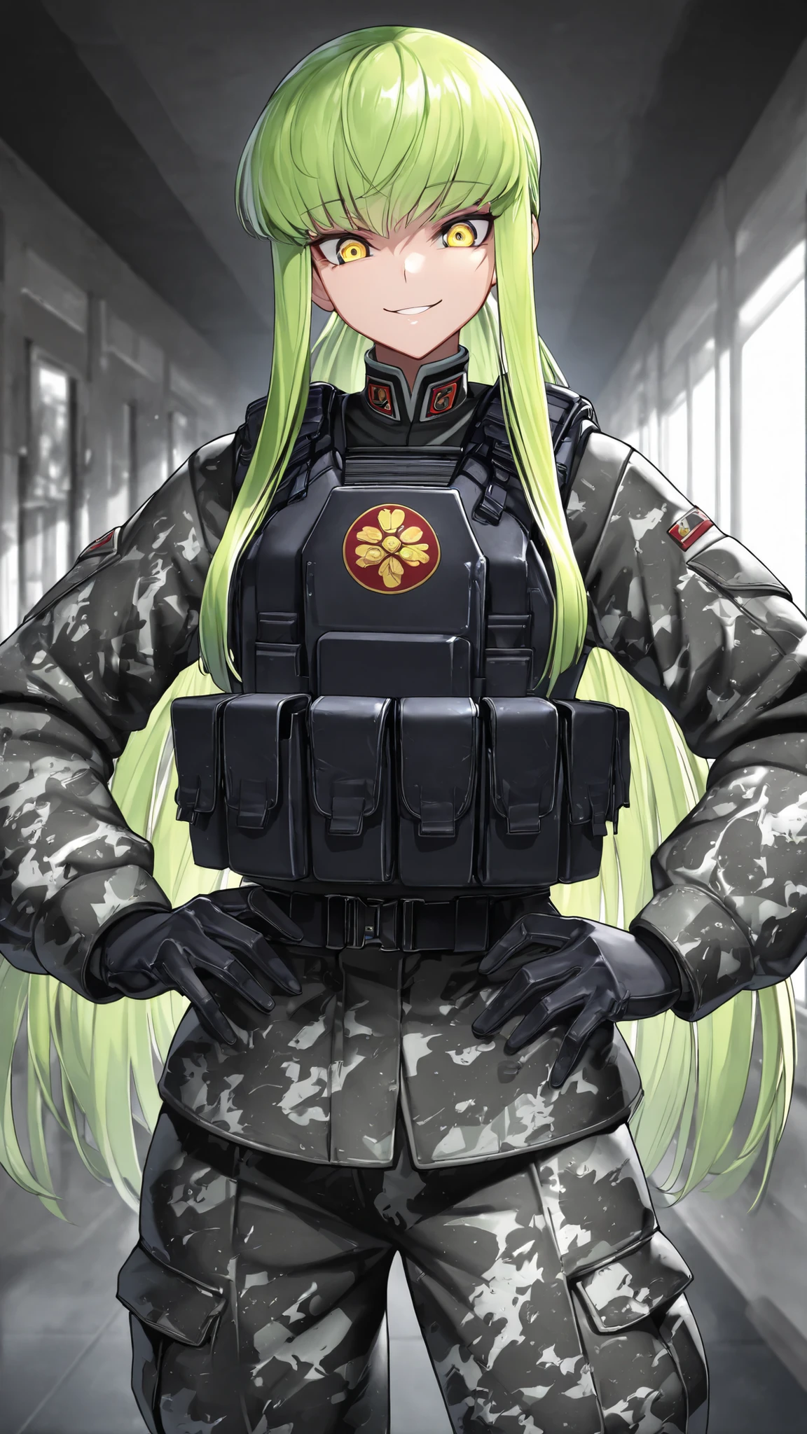 absurdres, (((Ultra HD))), (((Ultra High Quality))), ((hyper detailed)), ((Ultra High Resolution)), (Highly rendered), ((detailed eyes)), (((8K))), ((perfect face)), ((masterpiece)), cinematic, solo, 1girl, smile, hallway background, 1girl,green hair,yellow eyes,bangs,sidelocks,long hair,very long hair, black military combat uniform, black camouflage jacket, black camouflage, gloves, load bearing best, black camouflage pants, soldier, bulletproof vest, hands on hips