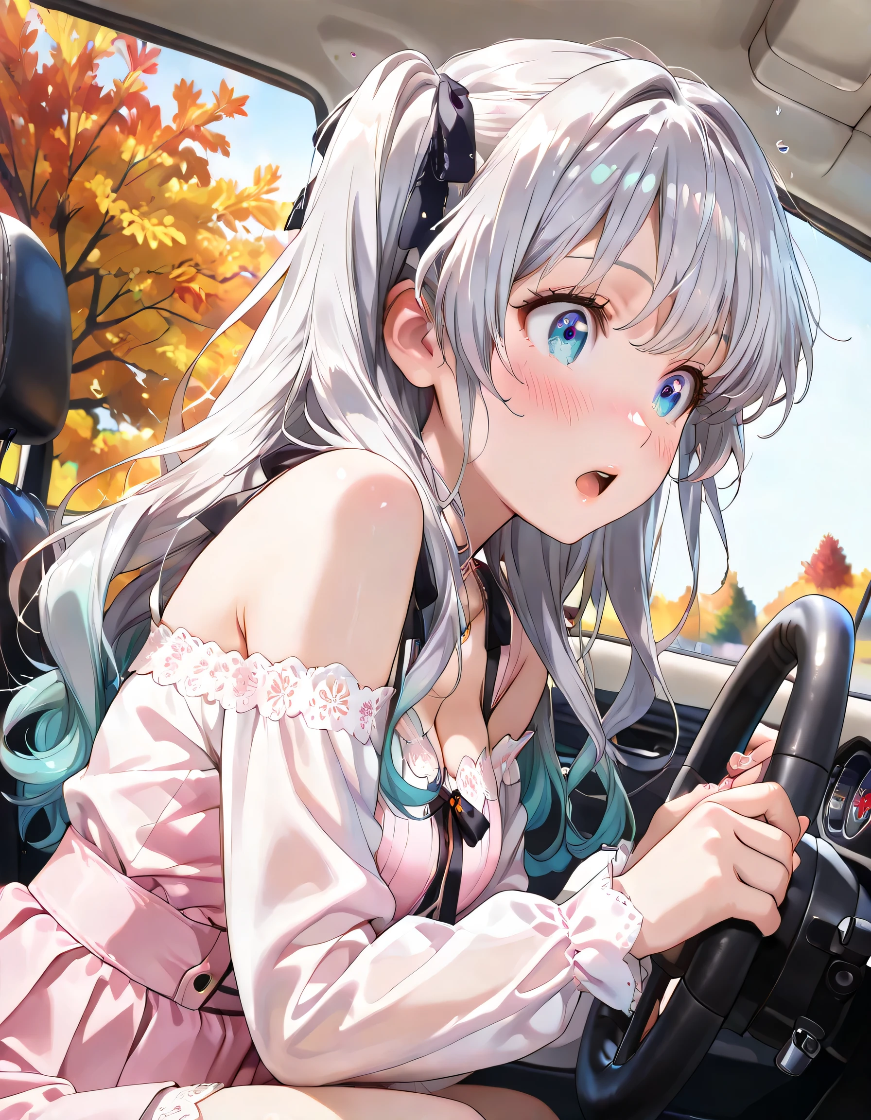 ((ultra-detailed)), (highly detailed CG illustration), (best quality:1.3), ultra-highly detailed, colorful composition, artistic photoshoot, 1girl, solo, moe anime character, Anime-style, harmonious color palette, ethereal ambiance, dainty facial structure, round face, rounded chin:1.2, short stature, blue eyes:1.3, droopy eyes:1.3, (silver hair:1.4), (gradient hair from silver to pink:1.4):0.4, long hair, two side up hairstyle, delicate curls, soft shading, hair ribbon with black, ample breasts, on one knee, white mini skirt with delicate lace trim and subtle embroidery, sheer black lace top, off-shoulder, visible thighs, soft pink translucent sleeves, black feminine and elegant clothing, shy, surprised:1.6, blush:1.3, gripping steering wheel tightly, tense posture, seated in car driver seat, upper body leaning forward slightly, dramatic motion blur in hands, from side, dramatic angle, looking away, cowboy shot, inside a training car, visible dashboard, side window, driving school environment, training course visible through car window, safety mirrors, autumn season, trees with autumn leaves, daytime, clear sky, sidelighting, sunlight casting through car window, cinematic lighting, realistic reflections on car glass, dynamic pose, best quality, masterpiece, portrait, depth of field, caustics, ray tracing, perfect face, lustrous skin, highly detailed face, highly detailed eyes, perfect face, perfect nose, perfect hair, perfect eyes, beautiful hair, beautiful small face, extremely detailed face, beautiful detailed eyes, beautiful clavicle, beautiful body, cleavage, breasts squeezed together, beautiful fingers, 4 fingers, 1 thumb, lovely, (very detailed background:1.0), (highly detailed background:1.0), pastel colors palette, kawaii aesthetic, intricate details, girly atmosphere, chromatic aberration