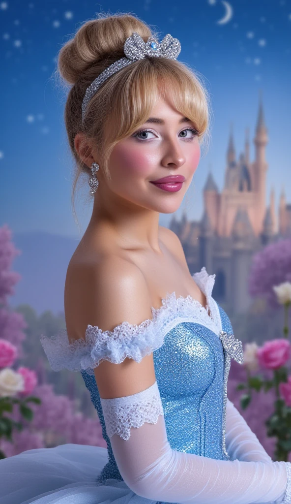 ((masterpiece:1.2), best quality, highres, ultra-detailed), solo, 1girl,
(CinderellaWaifu,princess cinderella from disney,beautiful skin,swept bangs,top knot:1.4),(18 years old,large , eyes,turquoise eyes,blonde hair:1.1),elegant face,(blue headband:1.3),
princess,
(1girl, solo:1.4), cowboy shot,(light blue rococo style gown:1.4), long gloves, looking at viewer, (outdoor,at night,castle,starry sky:1.2),cute pose 