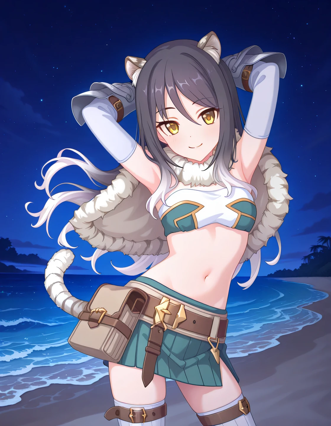 pcrshio, animal ears, animal ear fluff, black hair, gradient hair, yellow eyes, tiger tail, striped tail, pshiodef, fur-trimmed capelet, bare shoulders, two-tone bandeau, midriff, brown belt, green skirt, pleated skirt, pencil skirt, miniskirt, elbow gloves, vambraces, white thighhighs, thigh belt, anime coloring, high quality, solo, night sky, beach, hands behind head, ((contrapposto)), closed mouth, cowboy shot, looking at viewer, smile, best quality