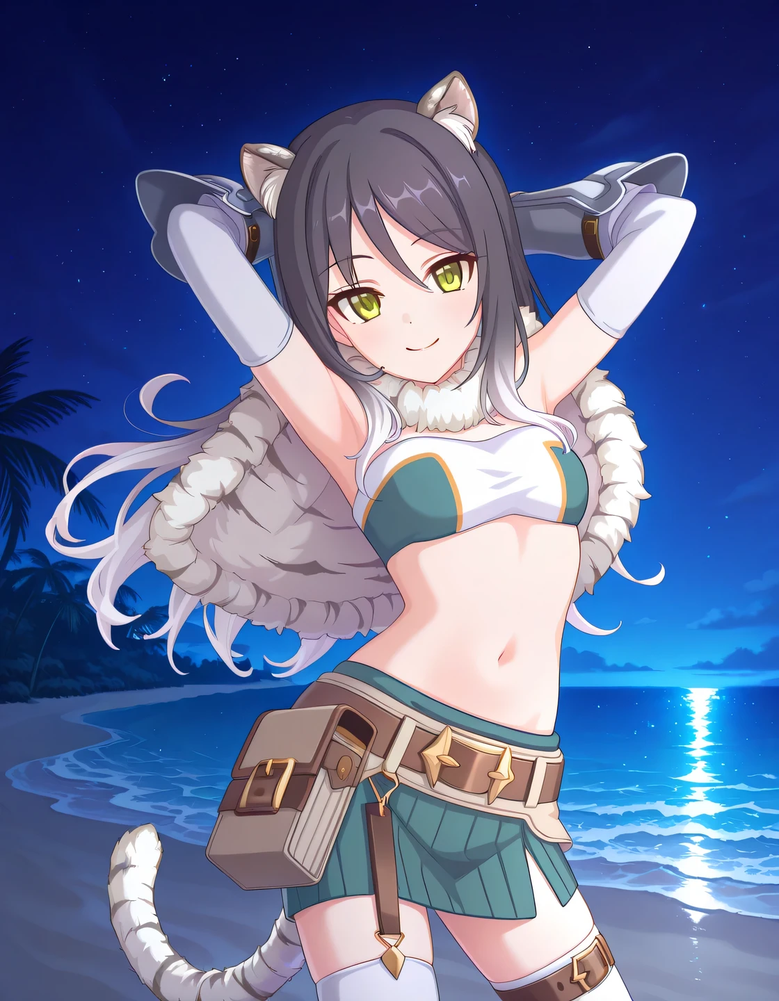 pcrshio, animal ears, animal ear fluff, black hair, gradient hair, yellow eyes, tiger tail, striped tail, pshiodef, fur-trimmed capelet, bare shoulders, two-tone bandeau, midriff, brown belt, green skirt, pleated skirt, pencil skirt, miniskirt, elbow gloves, vambraces, white thighhighs, thigh belt, anime coloring, high quality, solo, night sky, beach, hands behind head, ((contrapposto)), closed mouth, cowboy shot, looking at viewer, smile, best quality