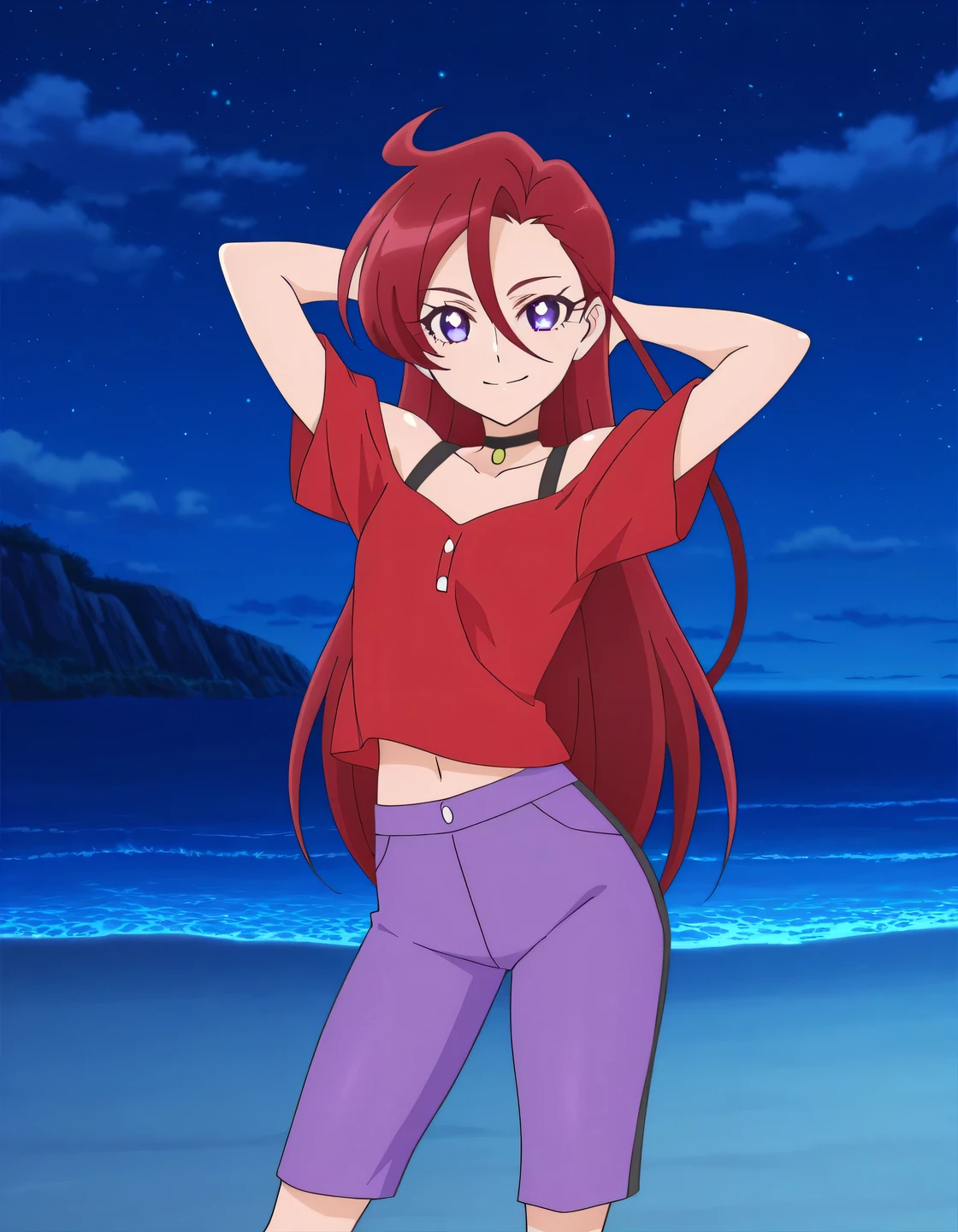 Asuka, red hair, long_hair, ahoge, violet eyes, hair between eyes, red shirt, purple pants, capri pants, black choker, off shoulder, small_breasts, anime screencap, high quality, solo, shiny skin, night sky, beach, arms behind head, (contrapposto), closed mouth, smile, cowboy shot, looking at viewer, best quality