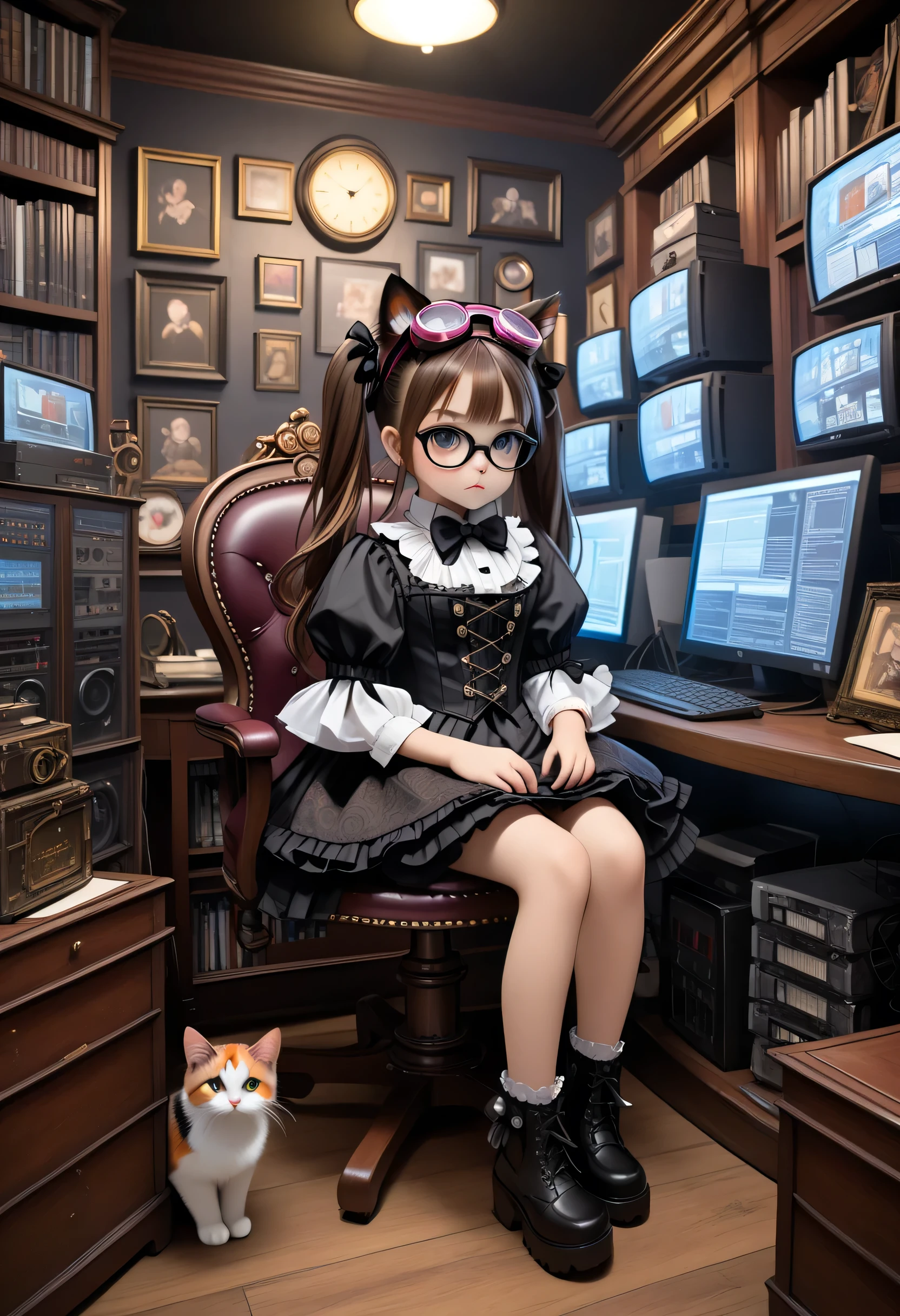 (oil painting, 8K, masterpiece), An adorable cute 9 year old Gothic Lolita with brunette twin-tails and black nerd frame glasses, in a black Victorian taffeta skirt, corset, and pink steampunk goggles is focused on a bank of computer screens as she sits in a swivel chair surrounded by server racks, routers and glowing CRT screens showing screendumps, financial data and scenes of rioting and carnage from around the world. A calico cat is perched on a pillow and watches with interest.
