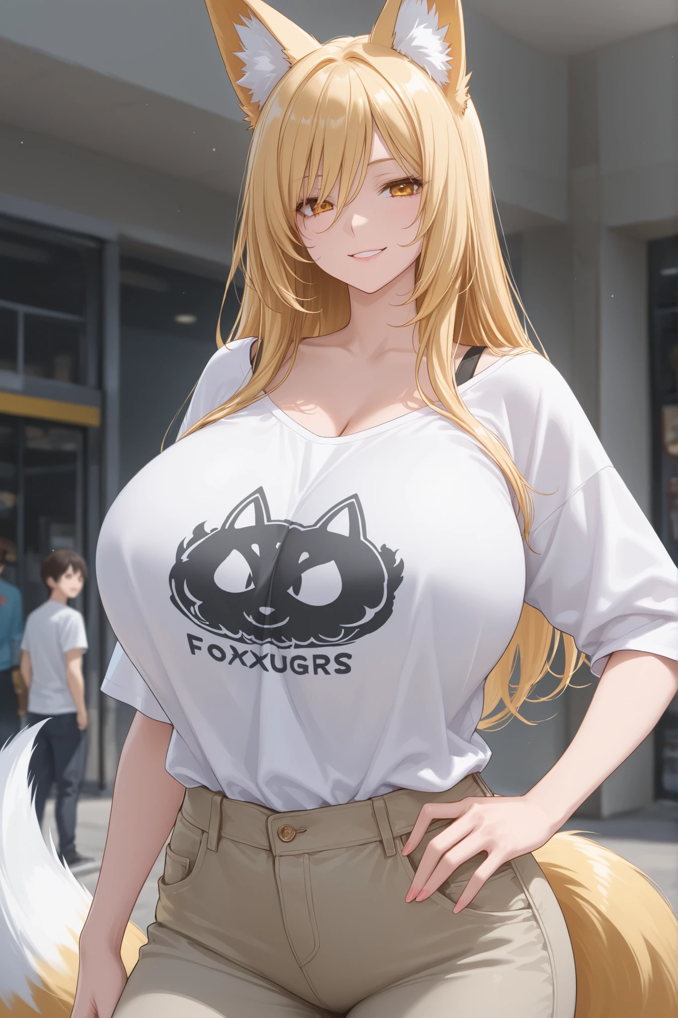 1 girl, long hair, blonde hair, giant , Fox tail, fox ears, casual clothes, tshirt, pants, smiling