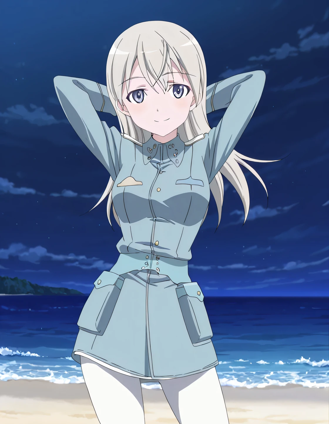 elila, default, 1girl, blue eyes, silver hair, long hair, uniform, military uniform, blue jacket, military jacket, white pantyhose, blue belt, anime screencap, high quality, solo, cowboy shot, (contrapposto), hands behind head, closed mouth, night sky, beach, looking at viewer, smile, best quality,