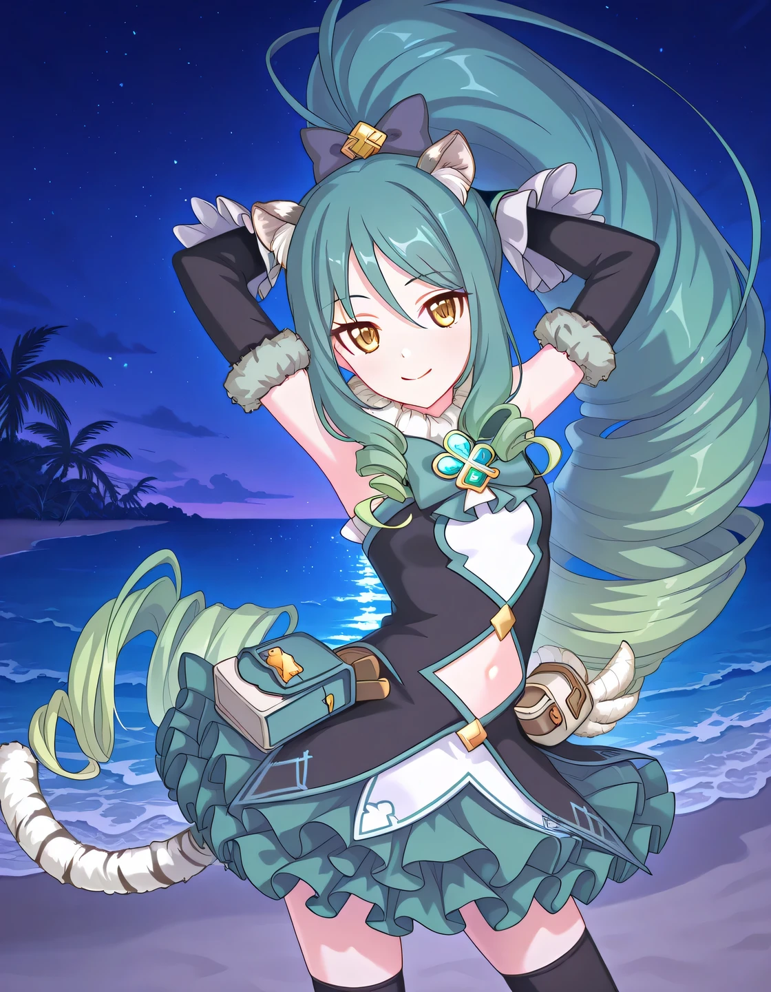 pcrshio, animal ears, animal ear fluff, gradient hair, yellow eyes, tiger tail, striped tail, pshiomag, green hair, aqua hair, very long hair, ponytail, drill hair, magical girl, hair bow, fur collar, sleeveless dress, bowtie, club \(shape\), jewelry, white shirt, black dress, frills, stomach cutout, fur-trimmed gloves, black gloves, elbow gloves, pouch, frilled skirt, layered skirt, green skirt, black thighhighs, anime screencap, high quality, solo, night sky, beach, hands behind head, ((contrapposto)), closed mouth, cowboy shot, looking at viewer, smile, best quality