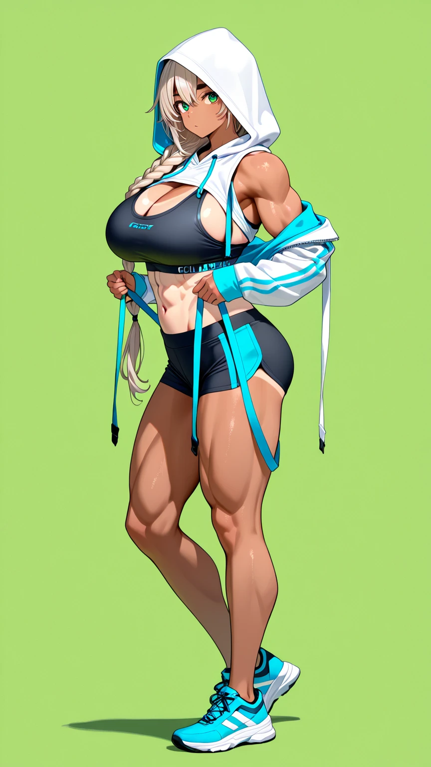 work of art, high qualiy, best qualityer, 1 girl, (muscular:1), muscles, Abdomen, bíceps, thicc thighs, obliques, Abdomen lines, naval, thicc thighs, adjusting, (:1.0), polished, (cloused mouth, half smile), (full coverage suit, functional and modest attire:1.5), alfachun, double bun, ribbons, May, vest, side stripes, standing alone, wristbands, make up, tennis, (White background, Clear background, simple background:1.5), anime cloth capture, Visual principal do anime, (whole body:1.25), 