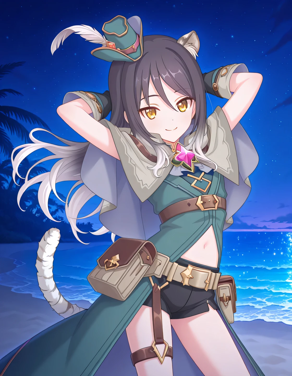 pcrshio, animal ears, animal ear fluff, black hair, gradient hair, yellow eyes, tiger tail, striped tail, pshioran, mini hat, hat feather, grey capelet, two-sided capelet, green coat, chest belt, midriff, black gloves, belt, pouch, black shorts, short shorts, thigh belt, single garter strap, anime screencap, high quality, solo, night sky, beach, hands behind head, ((contrapposto)), closed mouth, cowboy shot, looking at viewer, smile, best quality