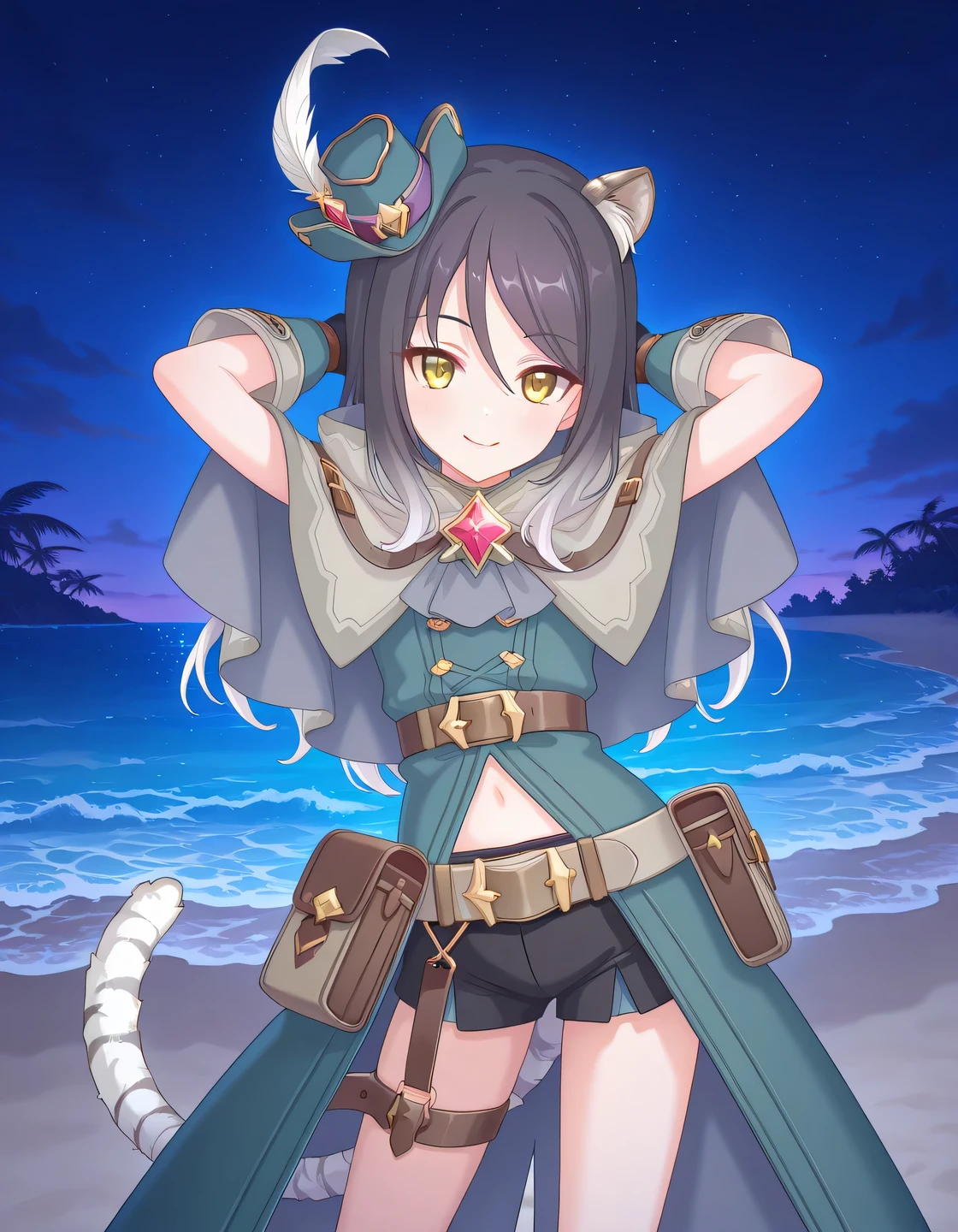pcrshio, animal ears, animal ear fluff, black hair, gradient hair, yellow eyes, tiger tail, striped tail, pshioran, mini hat, hat feather, grey capelet, two-sided capelet, green coat, chest belt, midriff, black gloves, belt, pouch, black shorts, short shorts, thigh belt, single garter strap, anime screencap, high quality, solo, night sky, beach, hands behind head, ((contrapposto)), closed mouth, cowboy shot, looking at viewer, smile, best quality
