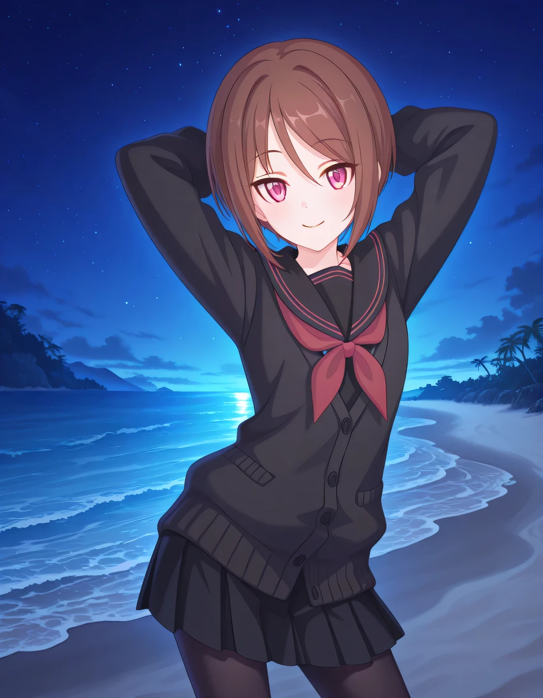 rlpshio, short hair, brown hair, pink eyes, black serafuku, black cardigan, red neckerchief, black skirt, pleated skirt, black pantyhose, anime screencap, high quality, solo, night sky, beach, hands behind head, ((contrapposto)), closed mouth, cowboy shot, looking at viewer, smile, best quality