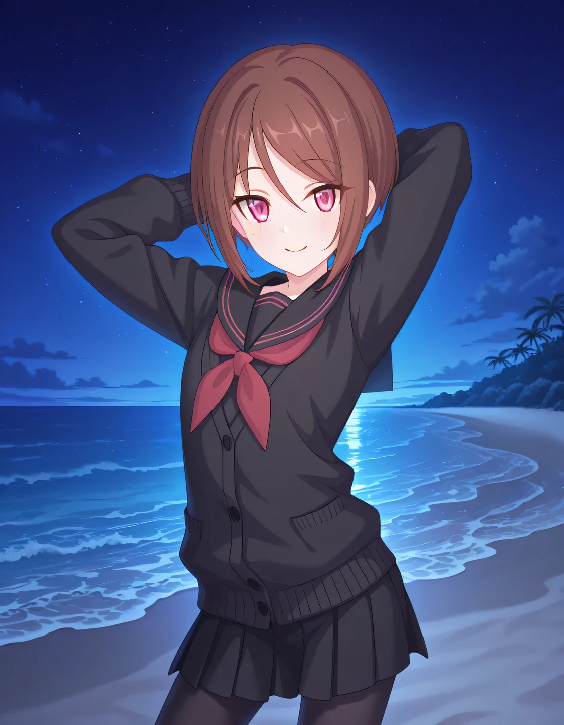 rlpshio, short hair, brown hair, pink eyes, black serafuku, black cardigan, red neckerchief, black skirt, pleated skirt, black pantyhose, anime screencap, high quality, solo, night sky, beach, hands behind head, ((contrapposto)), closed mouth, cowboy shot, looking at viewer, smile, best quality