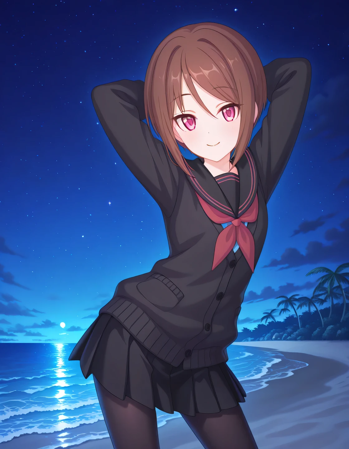 rlpshio, short hair, brown hair, pink eyes, black serafuku, black cardigan, red neckerchief, black skirt, pleated skirt, black pantyhose, anime screencap, high quality, solo, night sky, beach, hands behind head, ((contrapposto)), closed mouth, cowboy shot, looking at viewer, smile, best quality