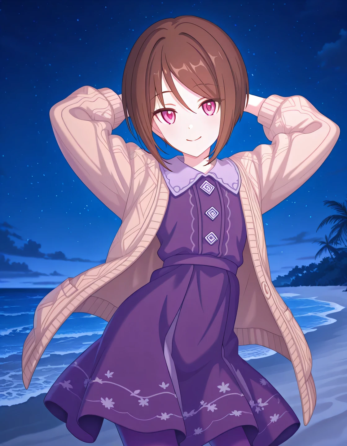 rlpshio, short hair, brown hair, pink eyes, beige cardigan, open cardigan, collared dress, purple dress, print dress, purple pants, anime screencap, high quality, solo, night sky, beach, hands behind head, ((contrapposto)), closed mouth, cowboy shot, looking at viewer, smile, best quality