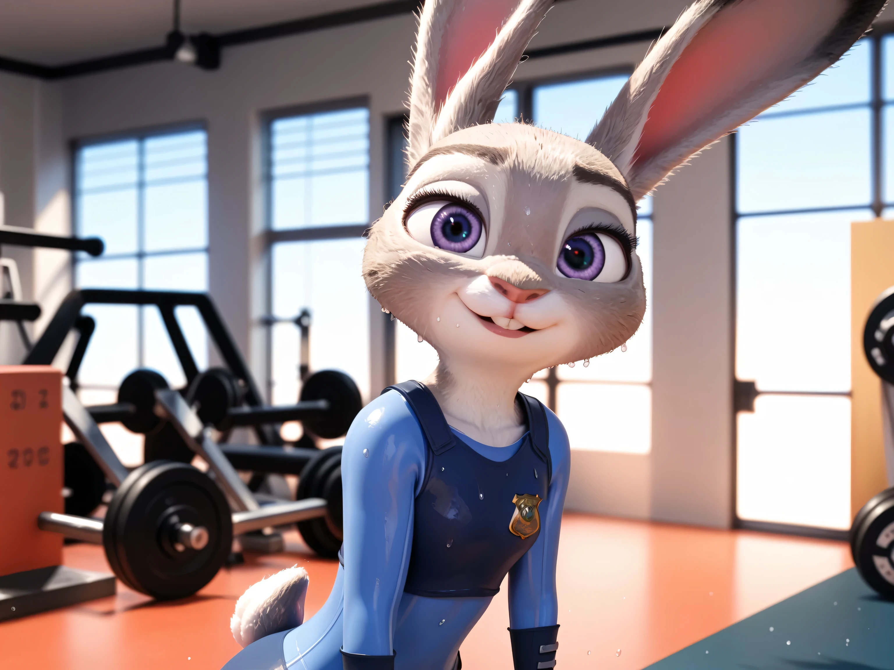 Zootopia,Judy,judy hopps, Grey Rabbit,High Quality,Rabbit　Beast拡張,Rabbit　Beast,3D,,Rabbit,Beastミルク, 3D, 3DCG, realistic, bunny, cute, perfect body, BEAUTIFUL CLOSE UP PHOTO. Her collarbone, shoulder, wet lips under gym clothes are the focus of the photo, gym clothes, ass view