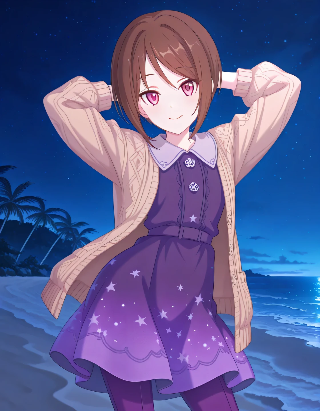 rlpshio, short hair, brown hair, pink eyes, beige cardigan, open cardigan, collared dress, purple dress, print dress, purple pants, anime screencap, high quality, solo, night sky, beach, hands behind head, ((contrapposto)), closed mouth, cowboy shot, looking at viewer, smile, best quality